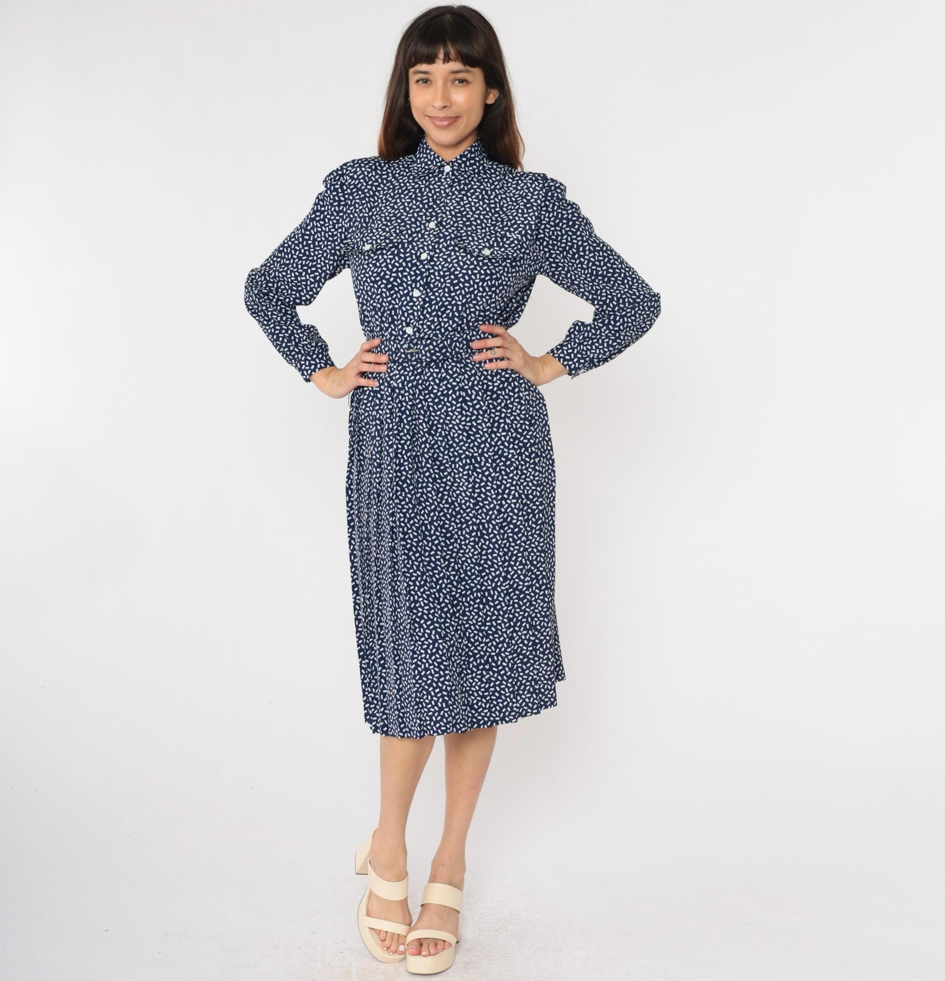 80s Appleseed's Petite Shirtdress Confetti Print Midi Dark Blue White