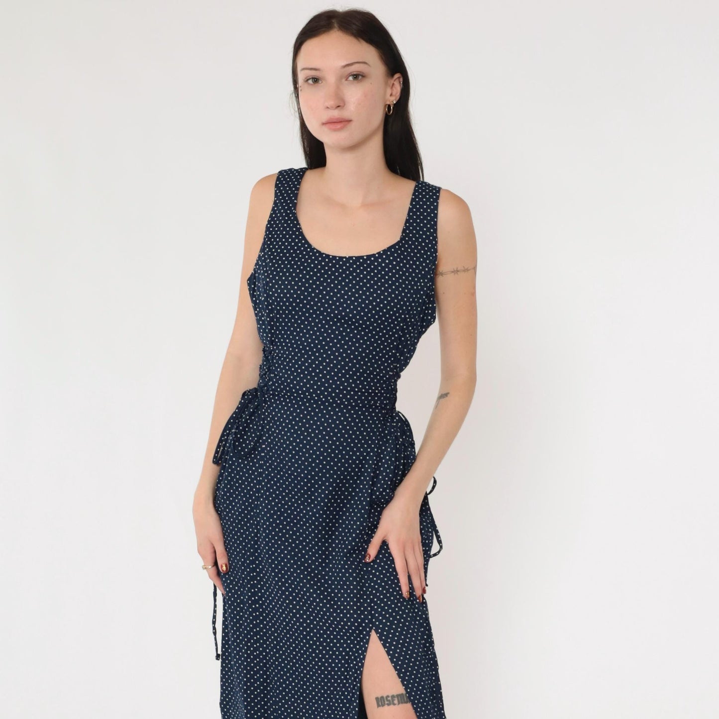 90s Navy Polka Dot Maxi Dress Sleeveless Scoop Neck Tie Waist Medium