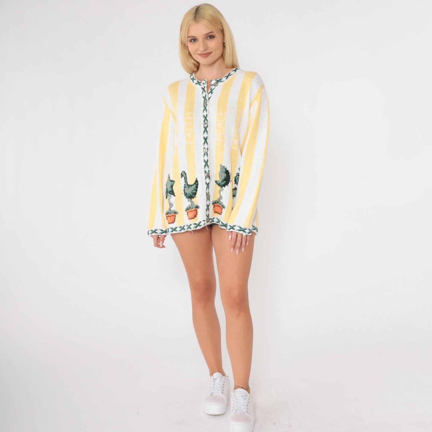 90s Quacker Factory Cardigan Yellow White Striped Topiary Cotton Medium