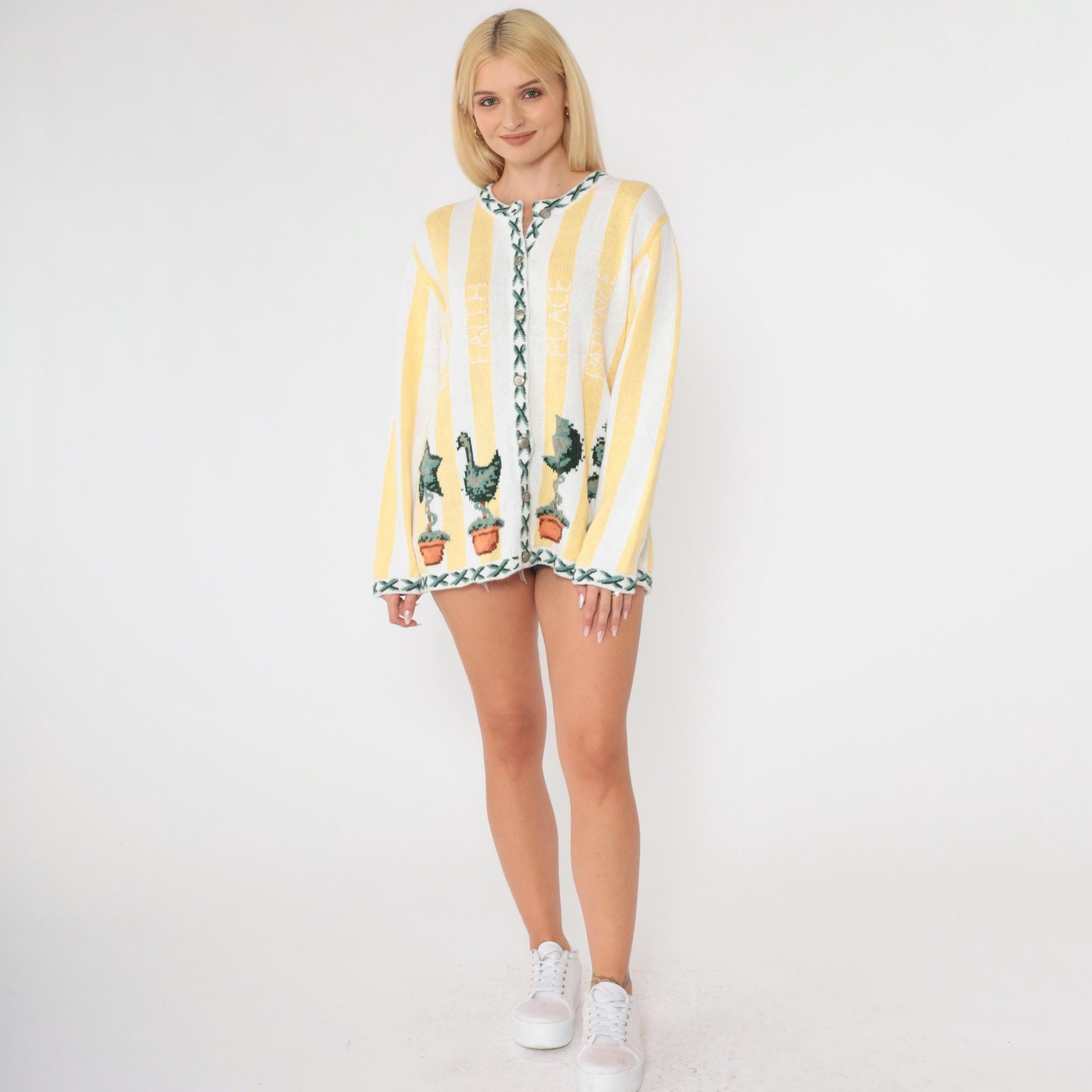 90s Quacker Factory Cardigan Yellow White Striped Topiary Cotton Medium
