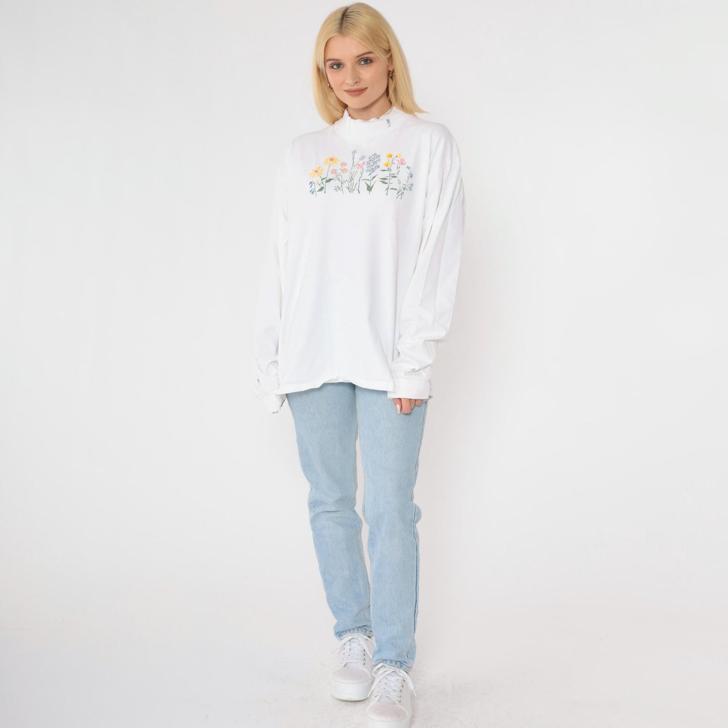 Y2K Wildflower Graphic Mock Neck Long Sleeve Tee White Cotton Large L