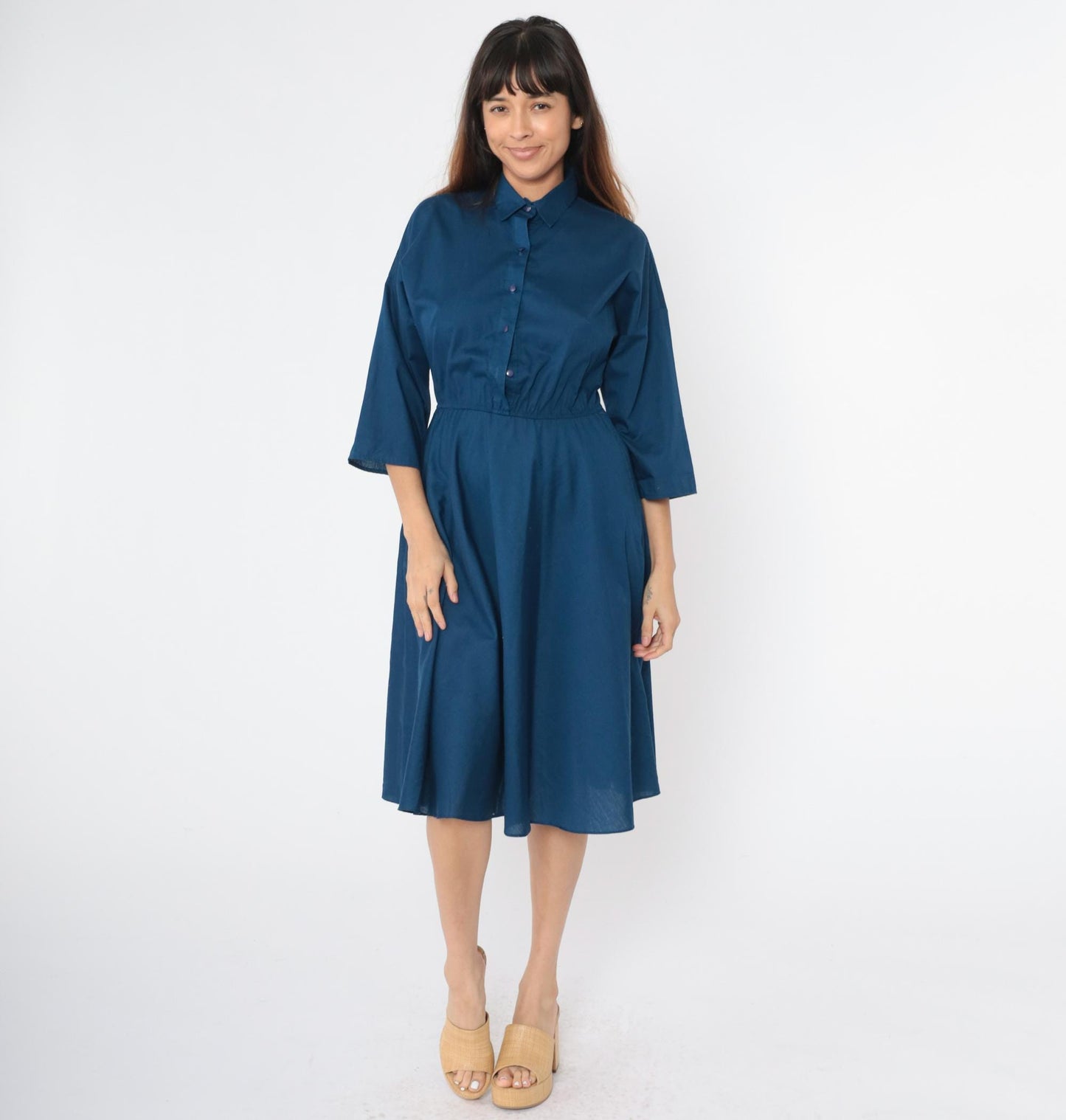 80s The American Shirt Dress Navy Blue Button-Up Midi Collared Small Medium