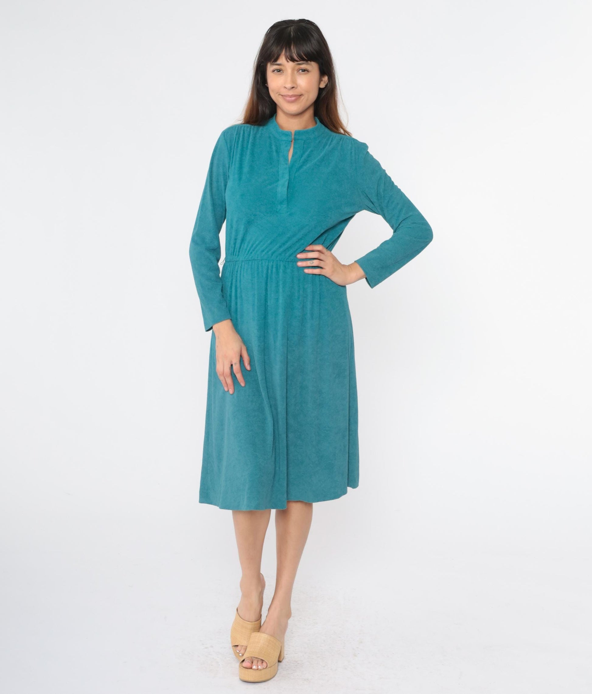 80s Teal Terry Cloth Midi Dress Mandarin Collar High Waist Long Sleeve Small