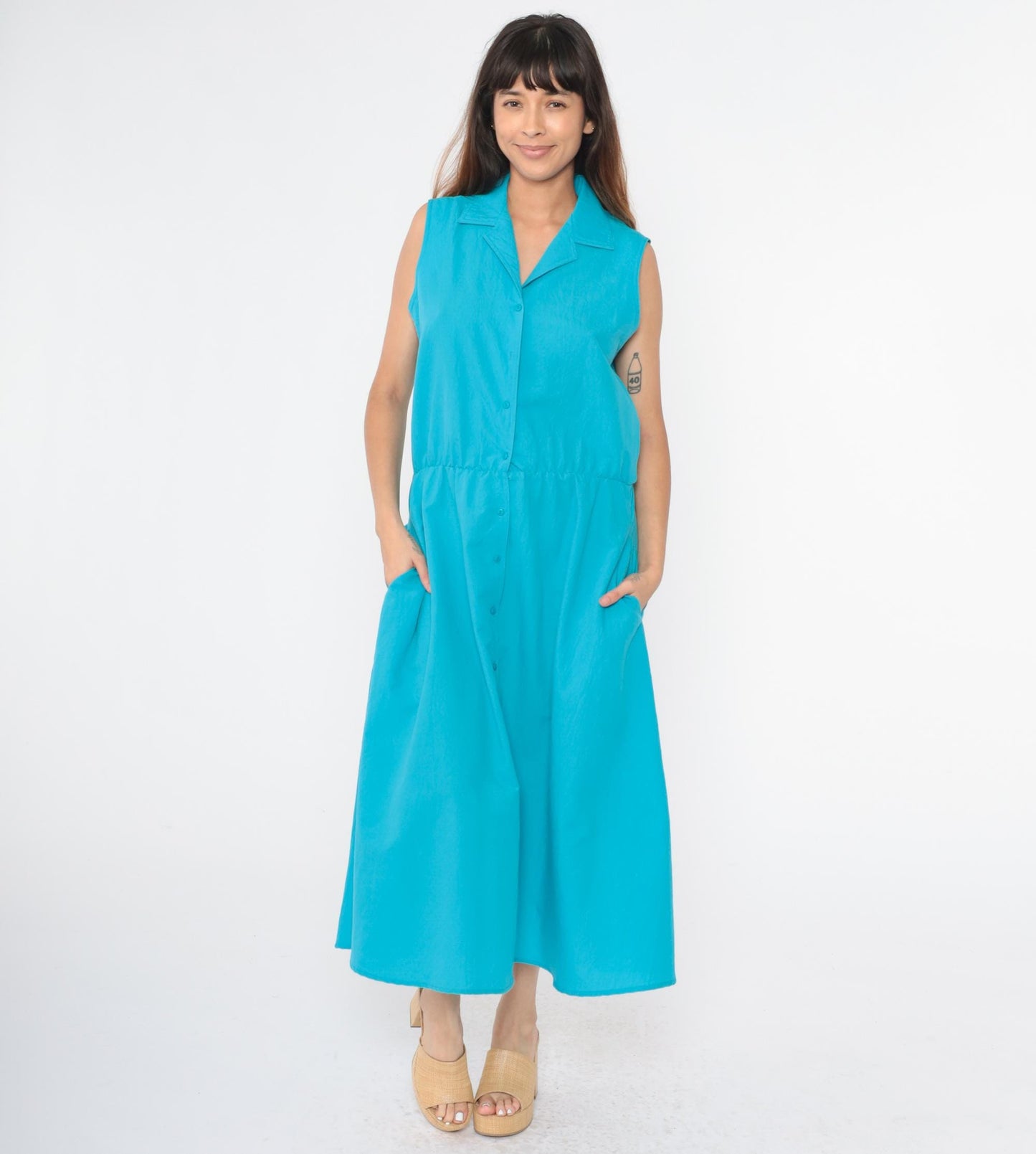 80s Turquoise Sleeveless Shirtdress Midi Button-Up High Waist Medium Large