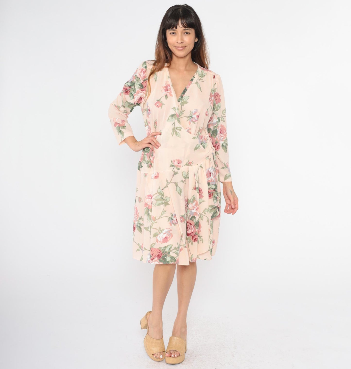 80s Pastel Pink Floral Wrap Midi Dress Drop Waist Puff Sleeve Large