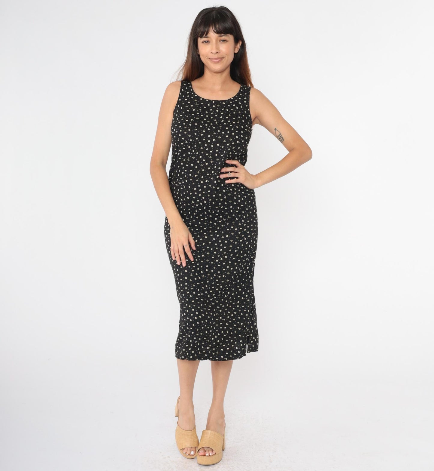 90s Teddi Dresses Black White Polka Dot Midi Sheath Sleeveless Small