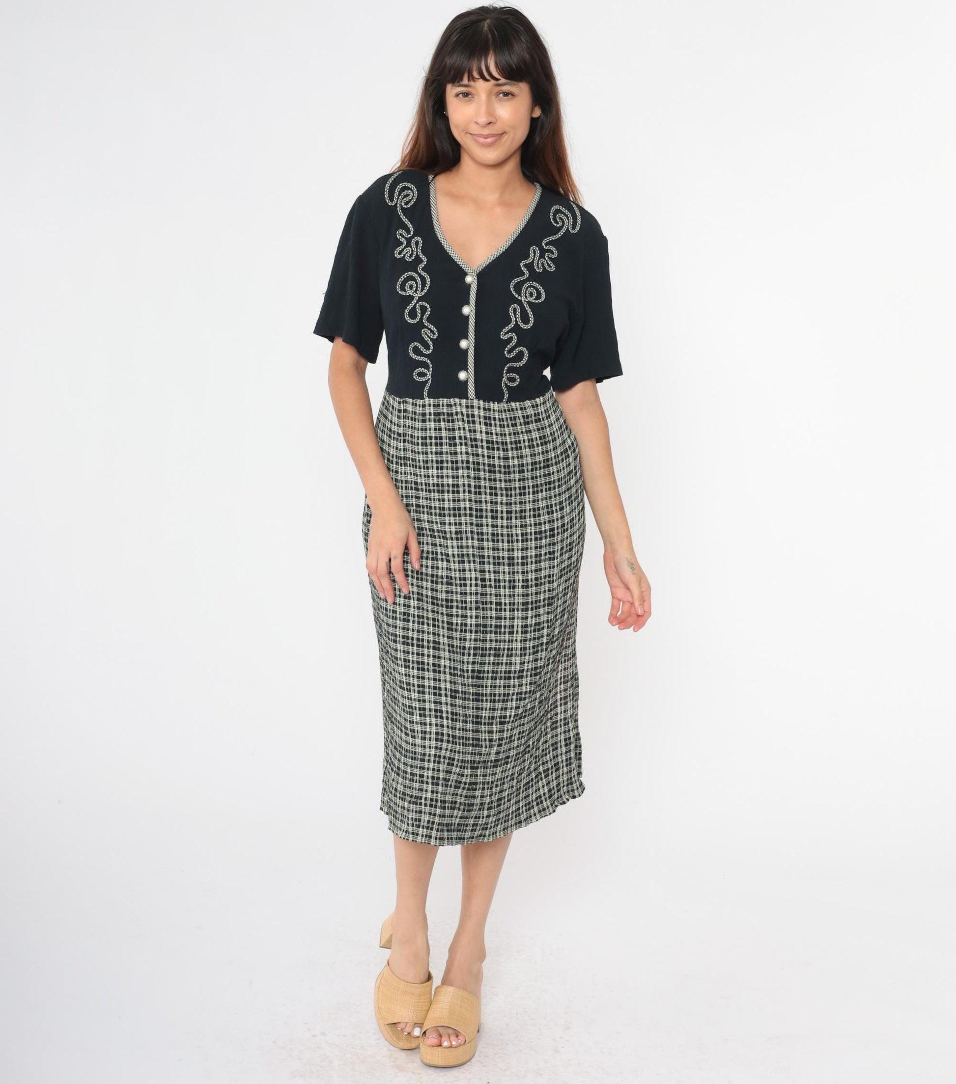 90s Black Plaid Midi Shirtdress High Waist Button Front Soutache Extra Large