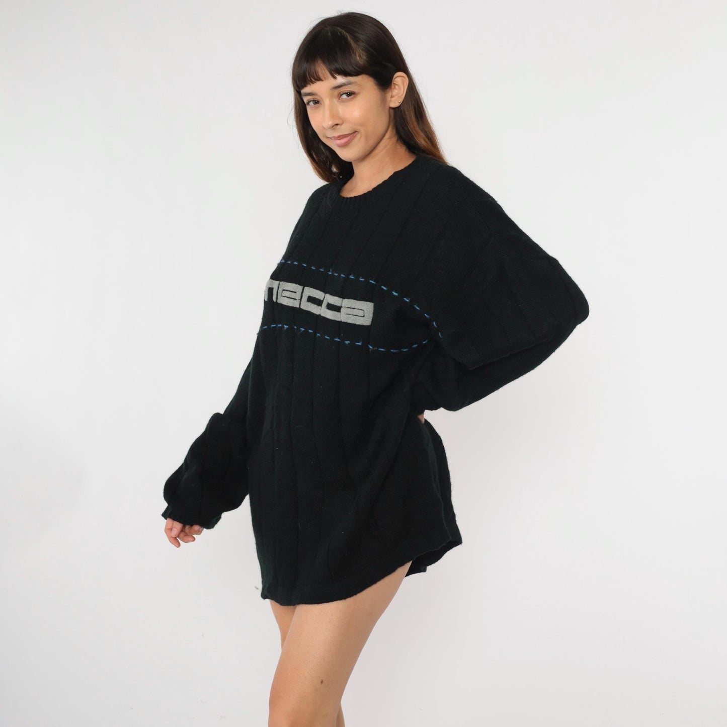 Y2K Mecca Black Logo Crewneck Sweater Ribbed Terry Cloth Pullover Extra Extra Large XXL