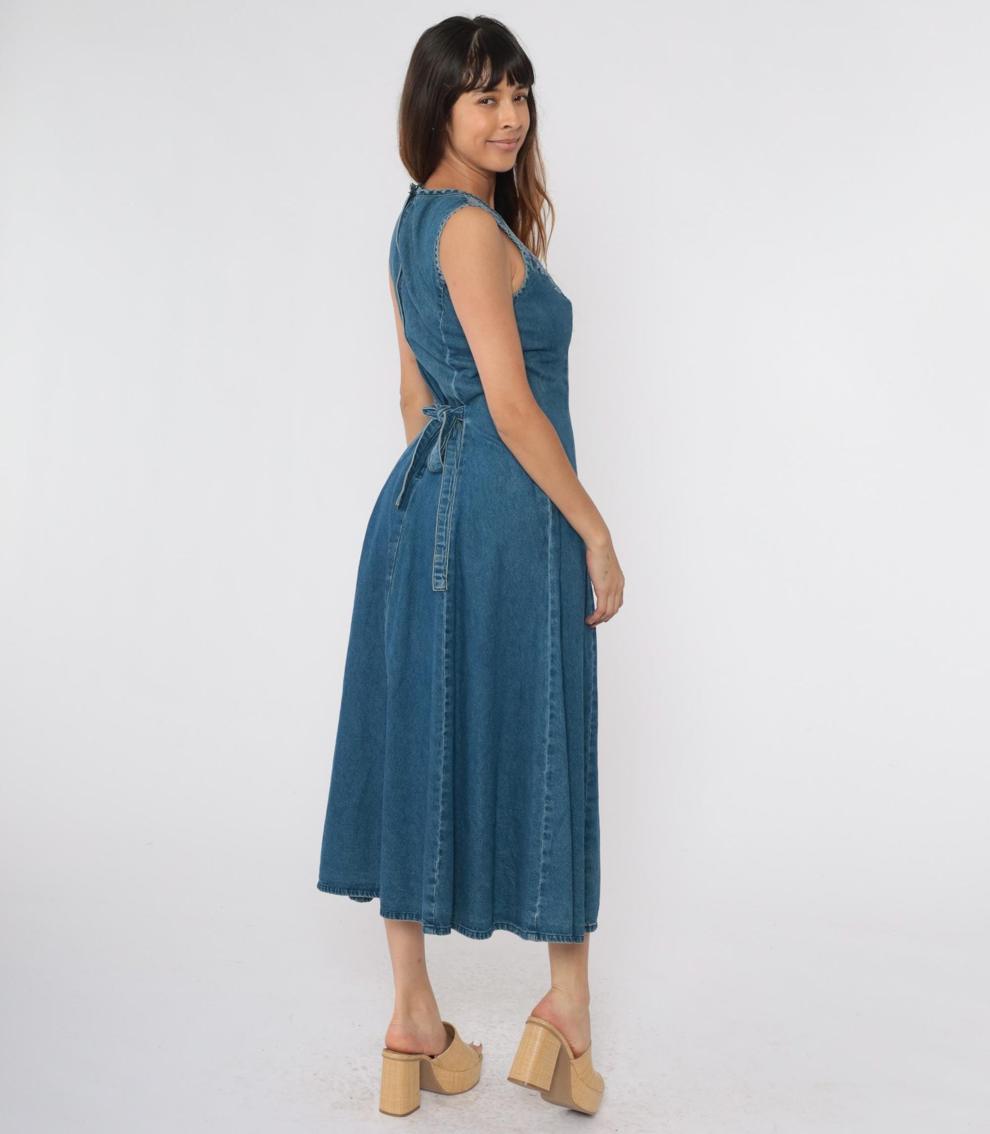90s Styleworks Denim Dress Floral Appliqué Mesh Neckline Maxi Small