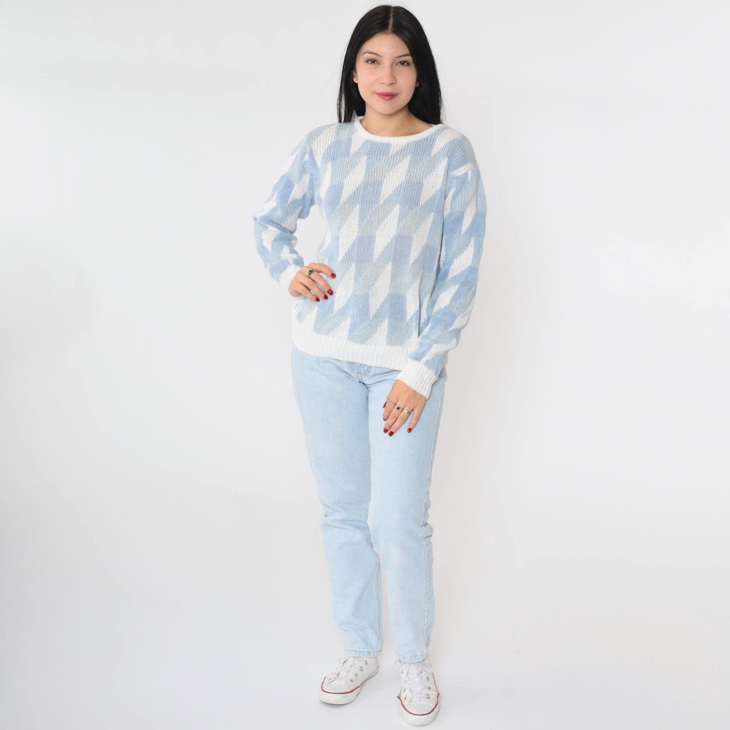 80s JH Collectibles Geometric Knit Sweater Light Blue White Crew Neck Small