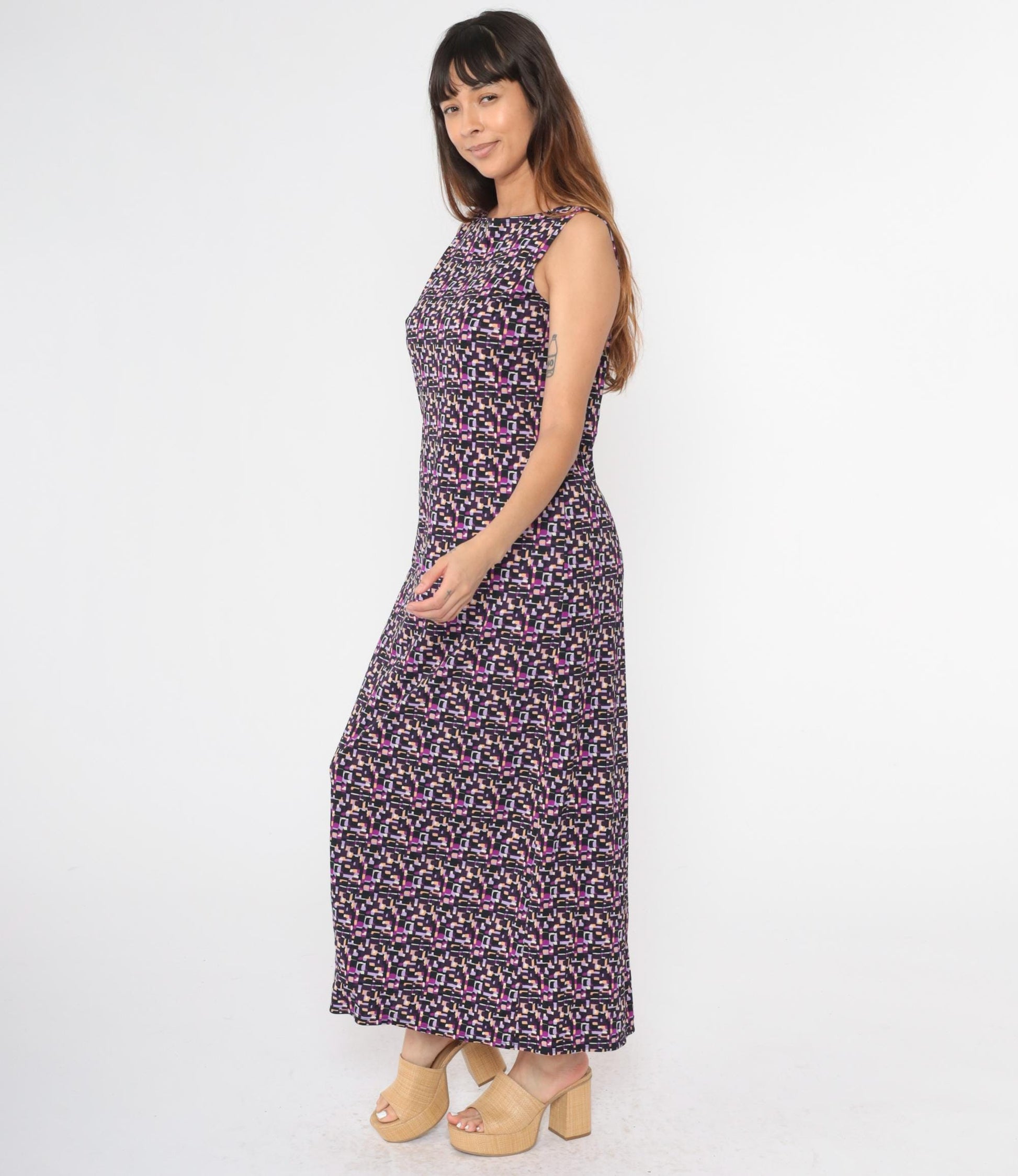 90s Purple Geometric Maxi Shift Dress Sleeveless Medium
