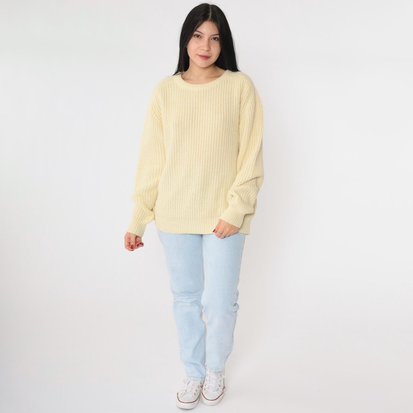 80s Cream Textured Knit Raglan Sweater Crewneck Pullover Medium Large