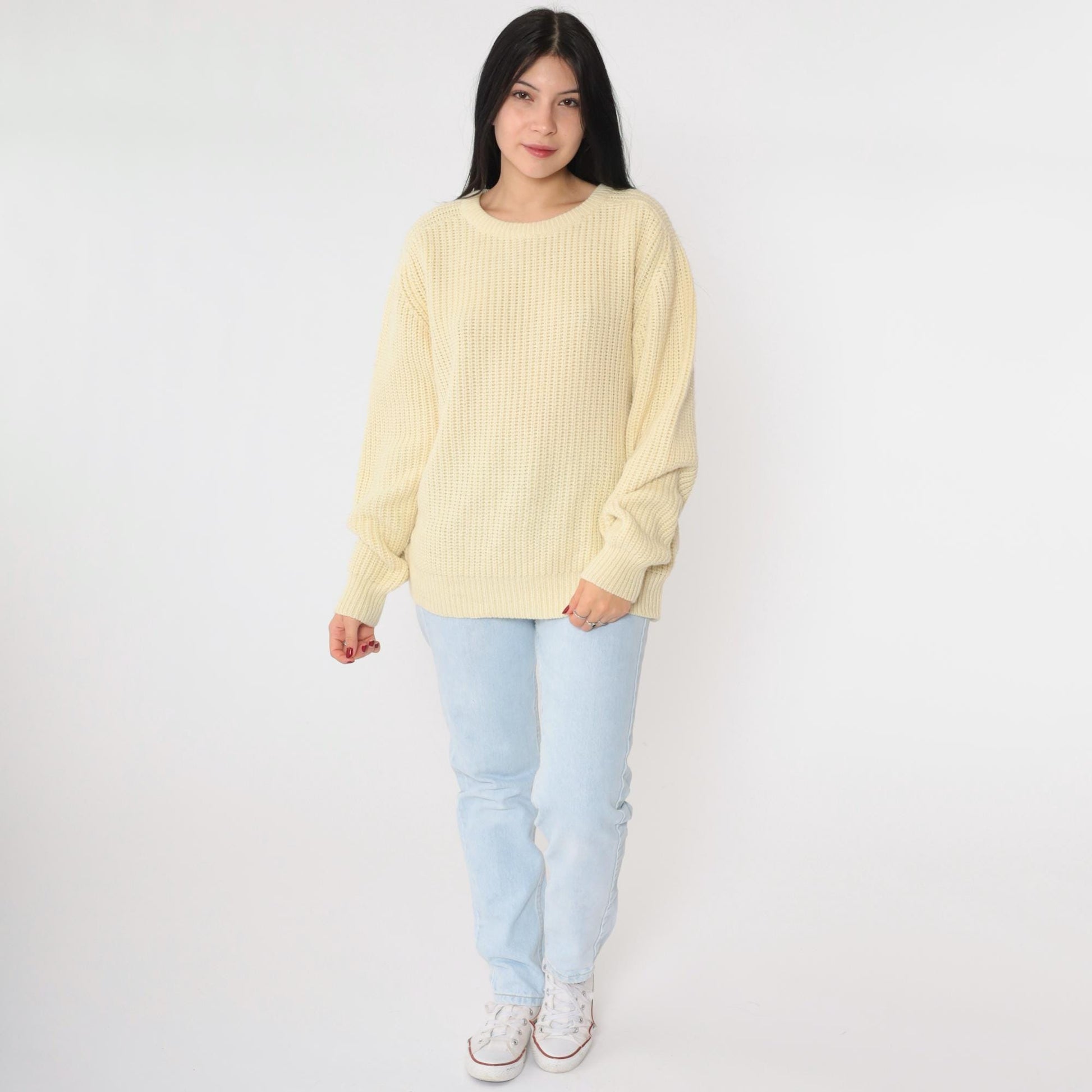 80s Cream Textured Knit Raglan Sweater Crewneck Pullover Medium Large