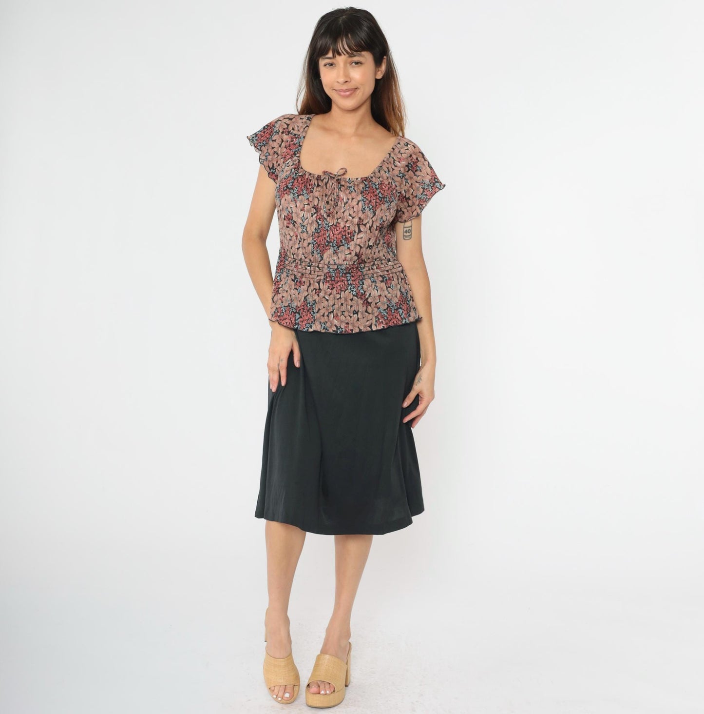 70s Floral Midi Dress Black Peplum Smocked Waist Flutter Sleeve Large