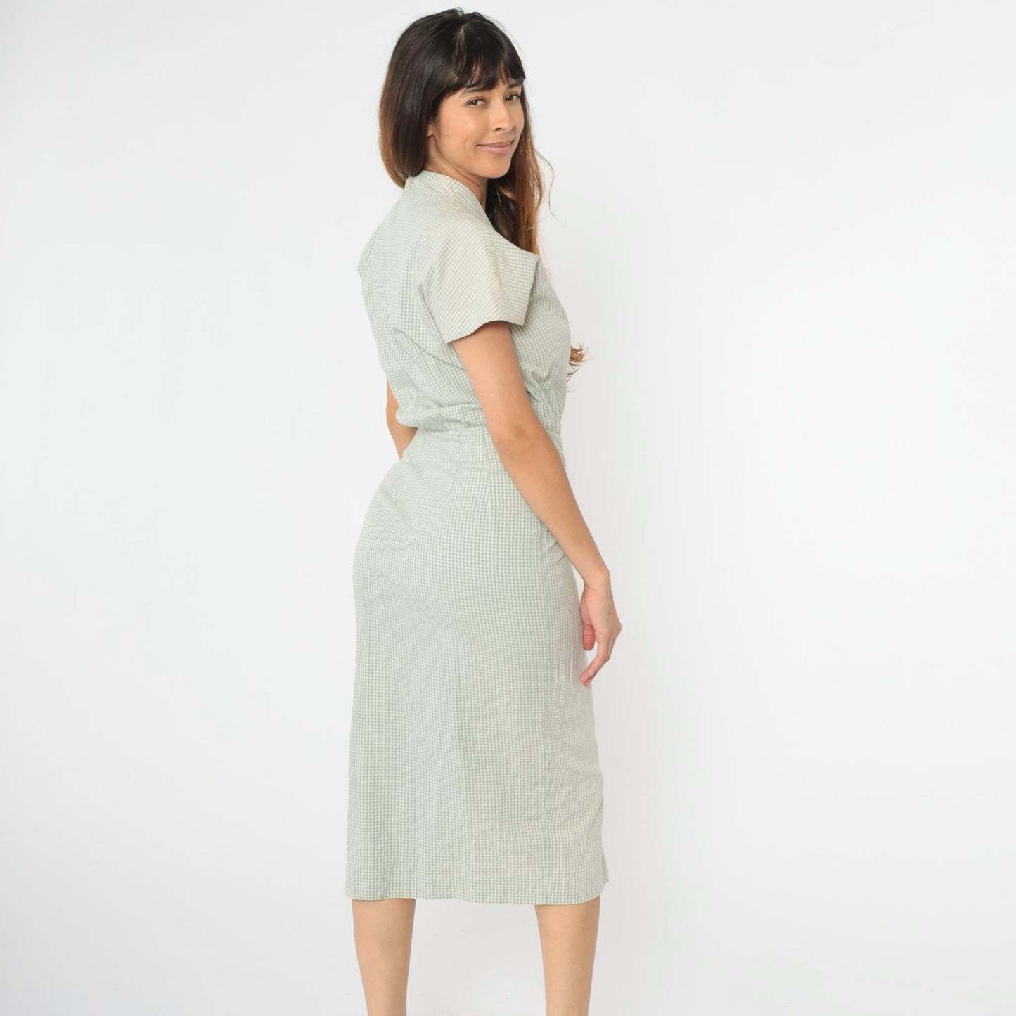 90s Cynthia Howe Gingham Shirtdress Sage Green Midi High Waist Small
