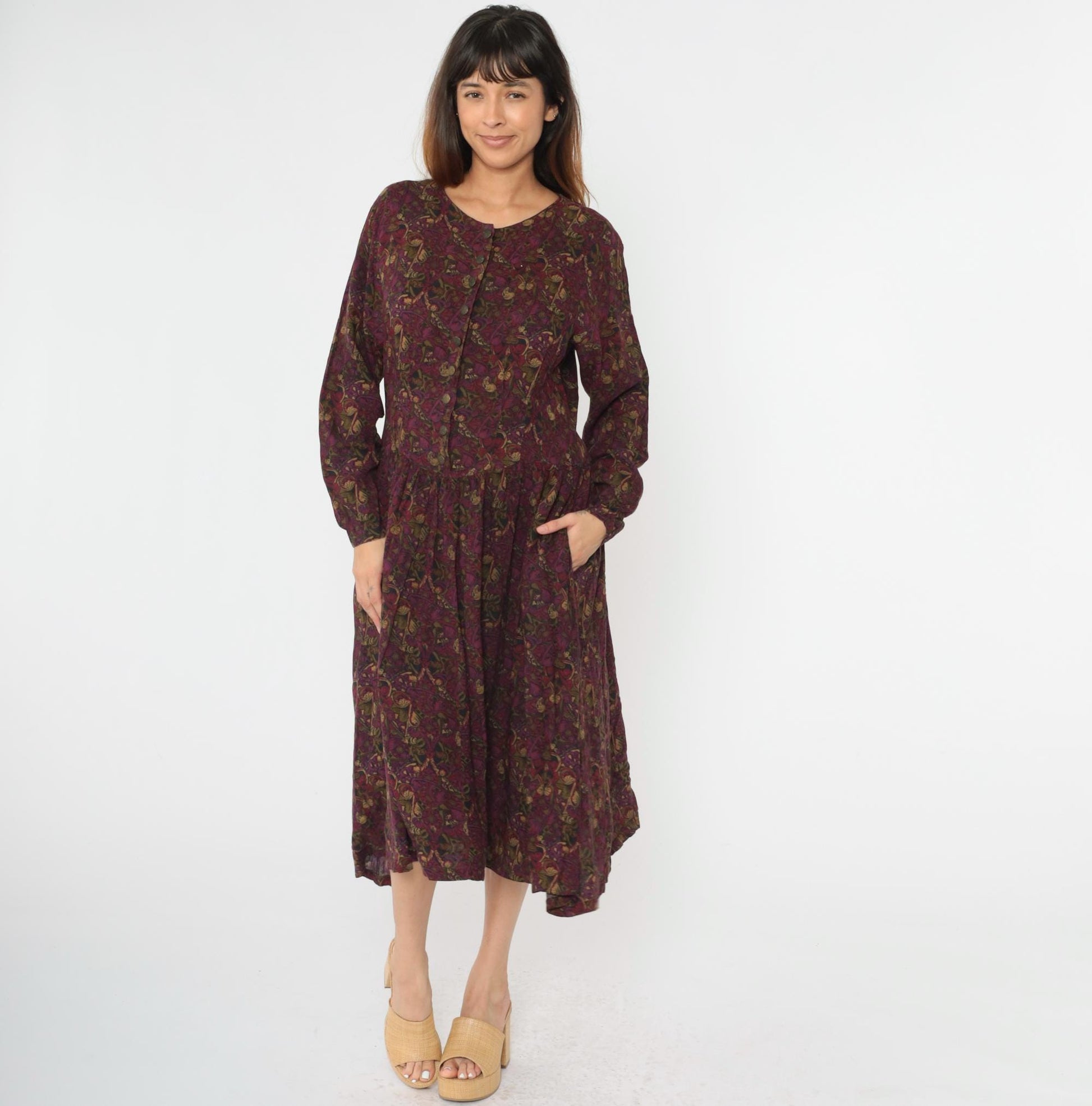 90s Ivy Impressions Floral Midi Shirtdress Purple Rayon Button Up Large