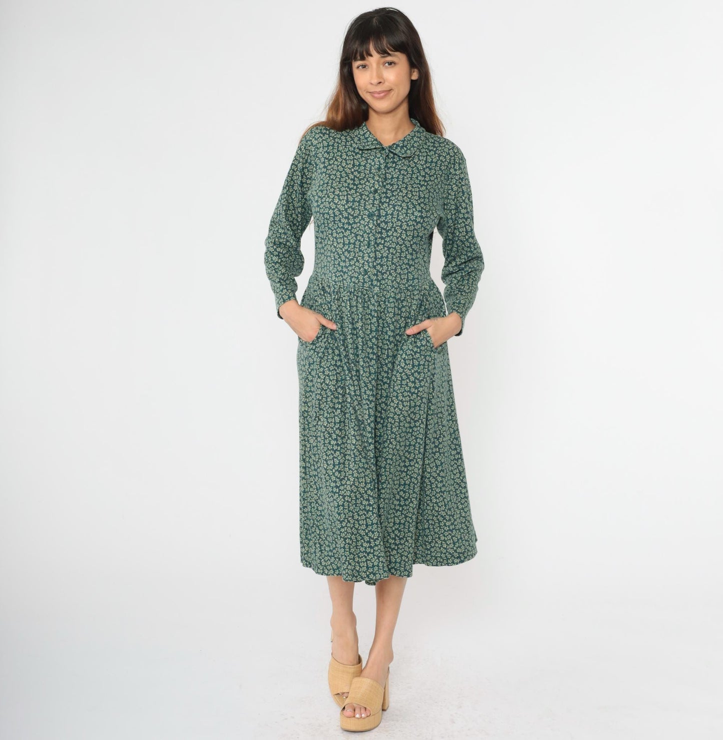 90s L.L. Bean Floral Midi Shirt Dress Green Button-Up Long Sleeve Medium