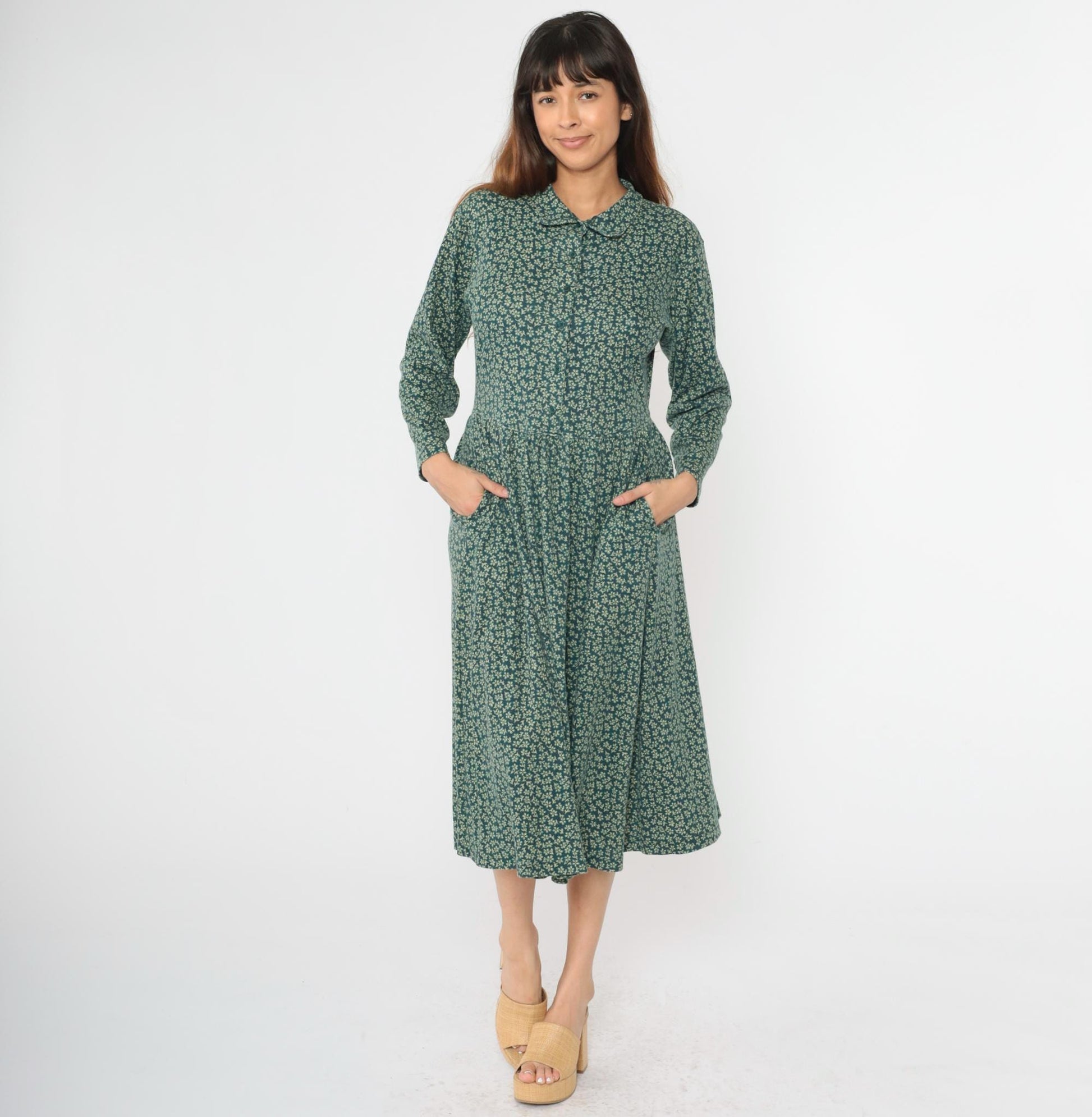 90s L.L. Bean Floral Midi Shirt Dress Green Button-Up Long Sleeve Medium