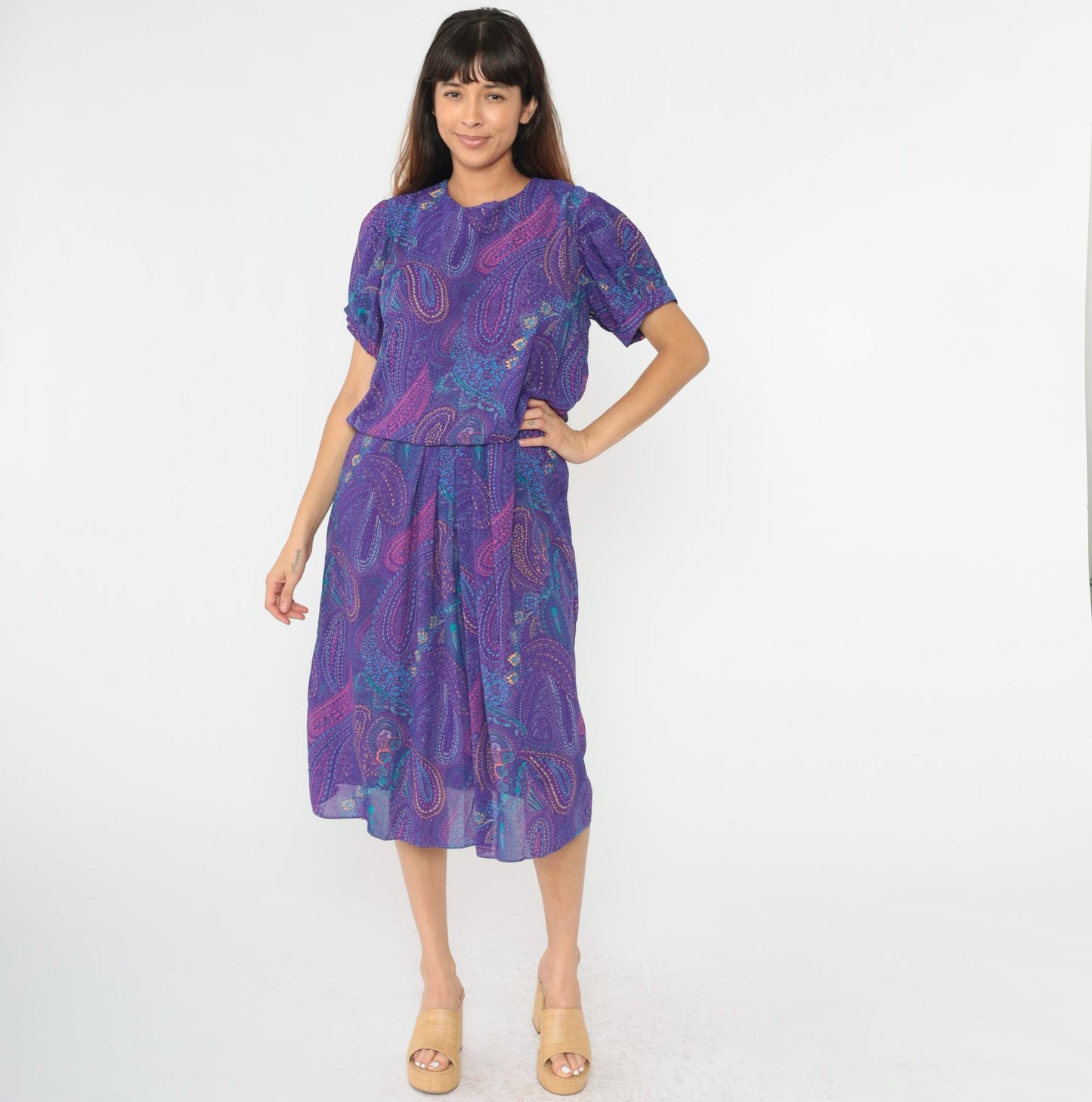 80s Purple Paisley Midi Dress Puff Sleeve High Waist Blouson Medium Large