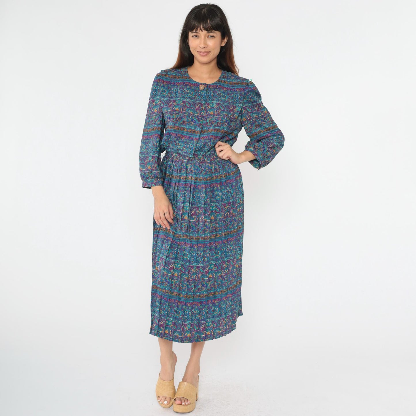 80s Blue Paisley Striped Midi Dress Puff Sleeve High Waisted Button Up Medium