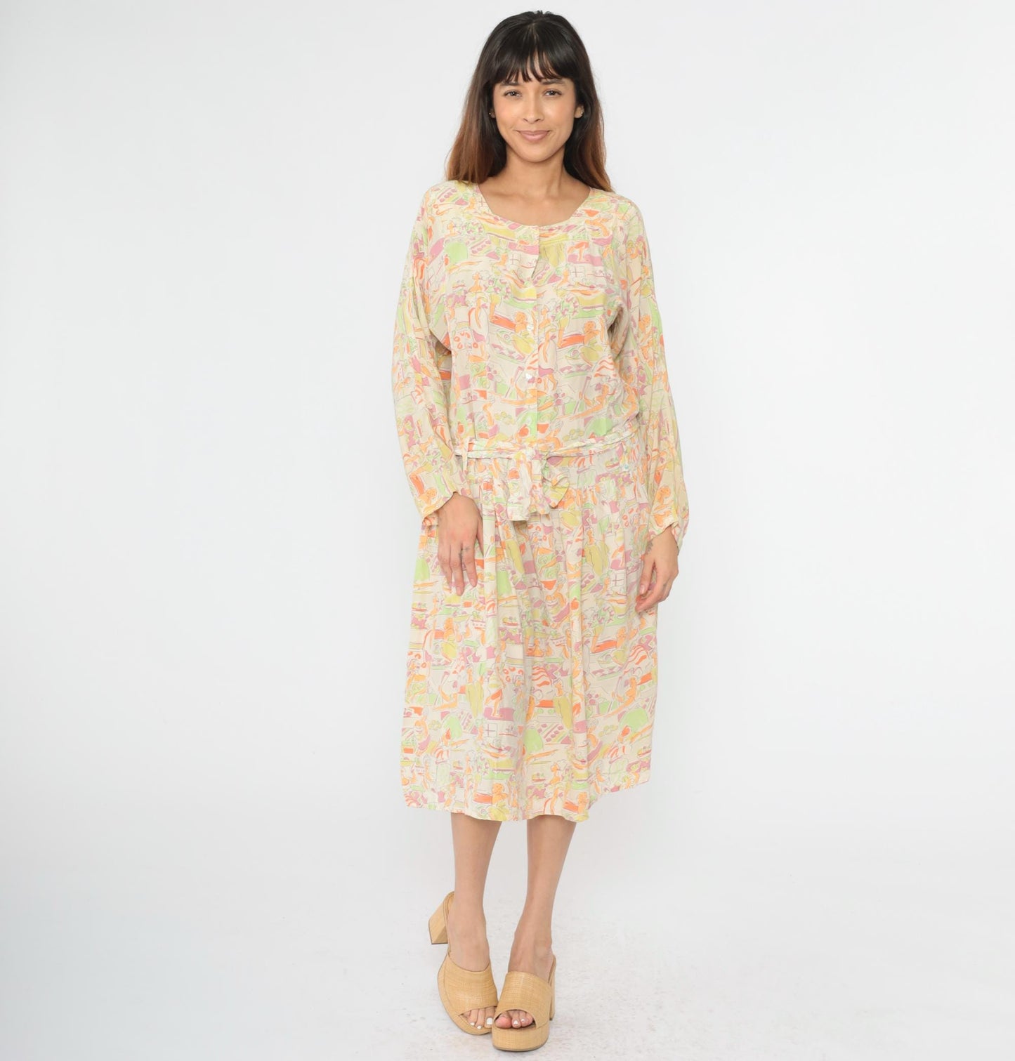 90s Hyper New York Silk Midi Dress Abstract People Print Pastel Medium M