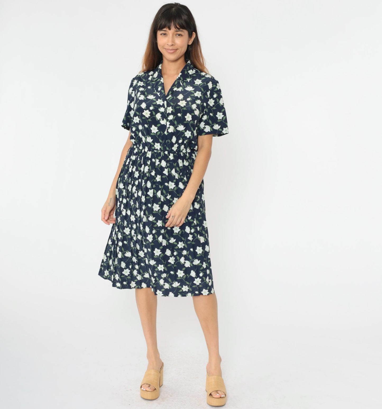 90s Leslie Fay Navy Floral Midi Shirtdress Button-Up Pleated Medium