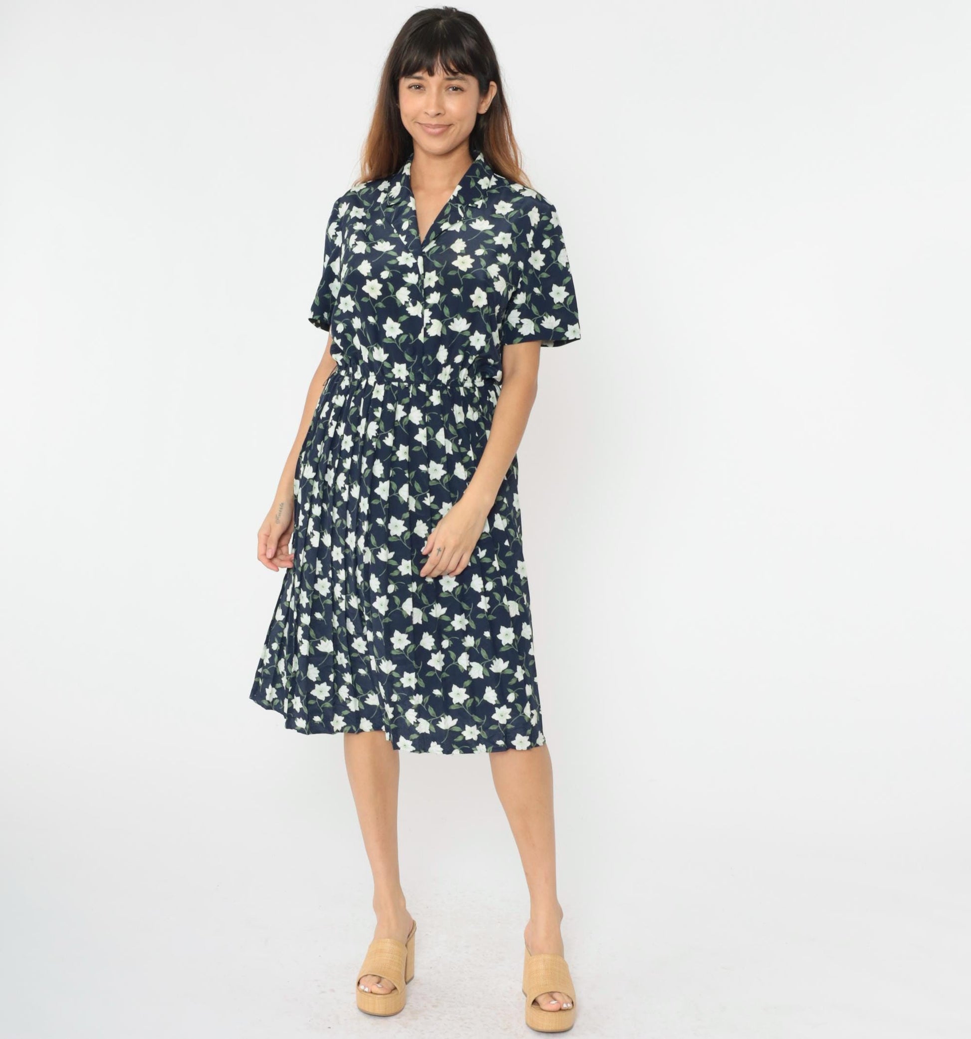 90s Leslie Fay Navy Floral Midi Shirtdress Button-Up Pleated Medium