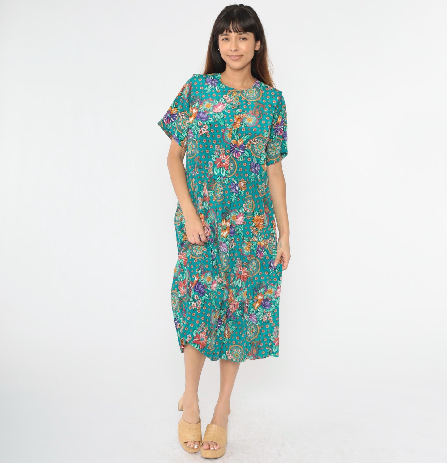 80s Turquoise Paisley Floral Midi Shirtdress Leslie Fay Button Front Pleated Medium Petite