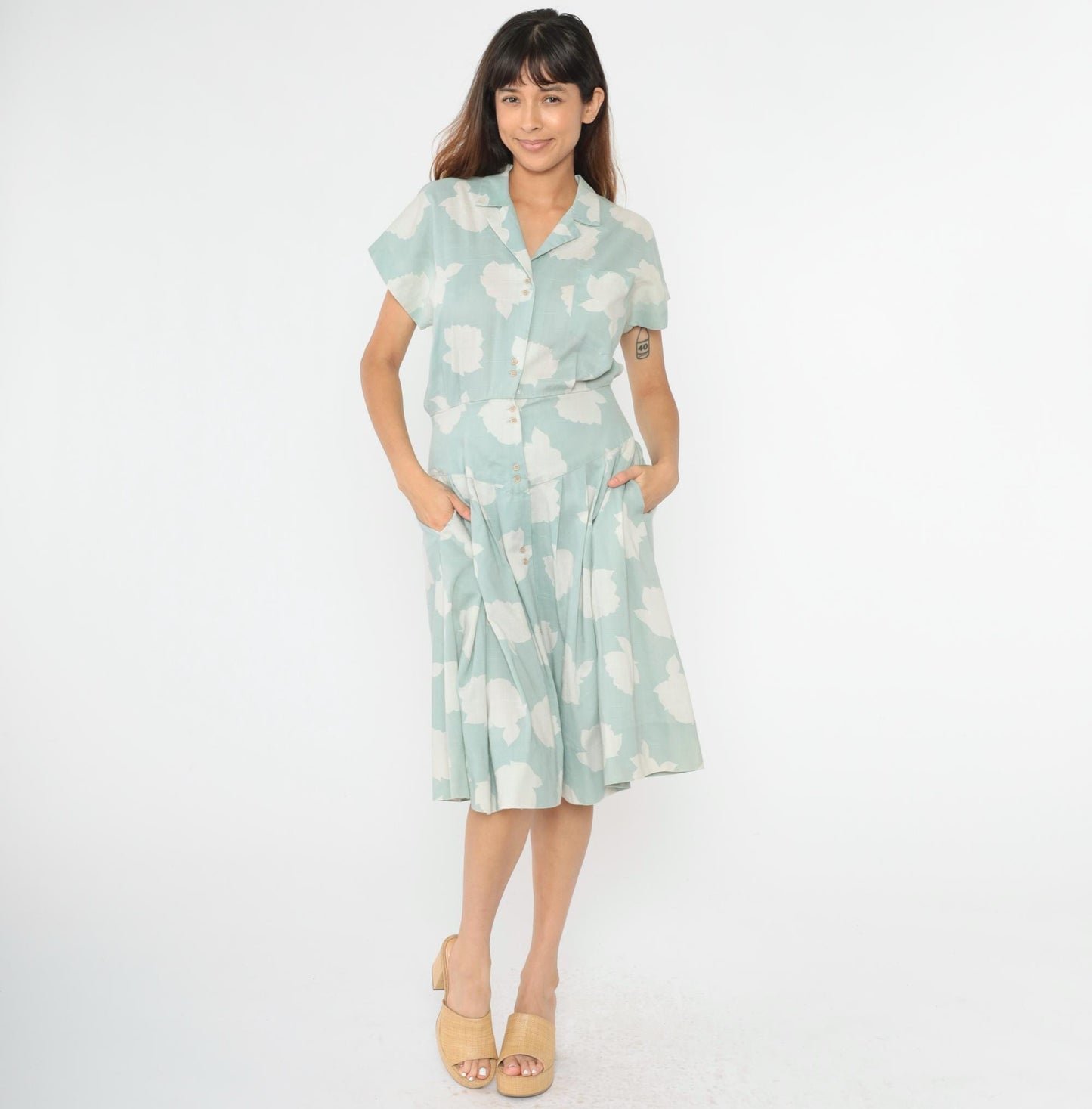 80s Seafoam Floral Midi Dress Button-Up Collared Short Sleeve Small Medium