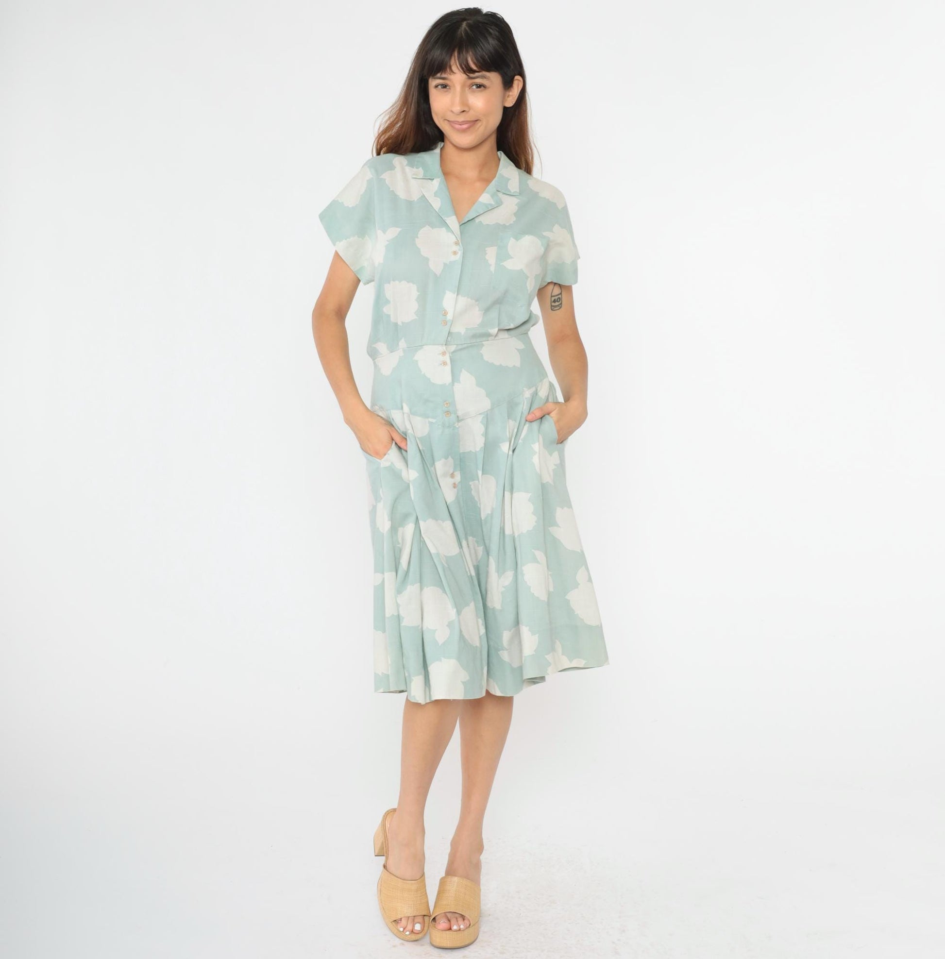 80s Seafoam Floral Midi Dress Button-Up Collared Short Sleeve Small Medium