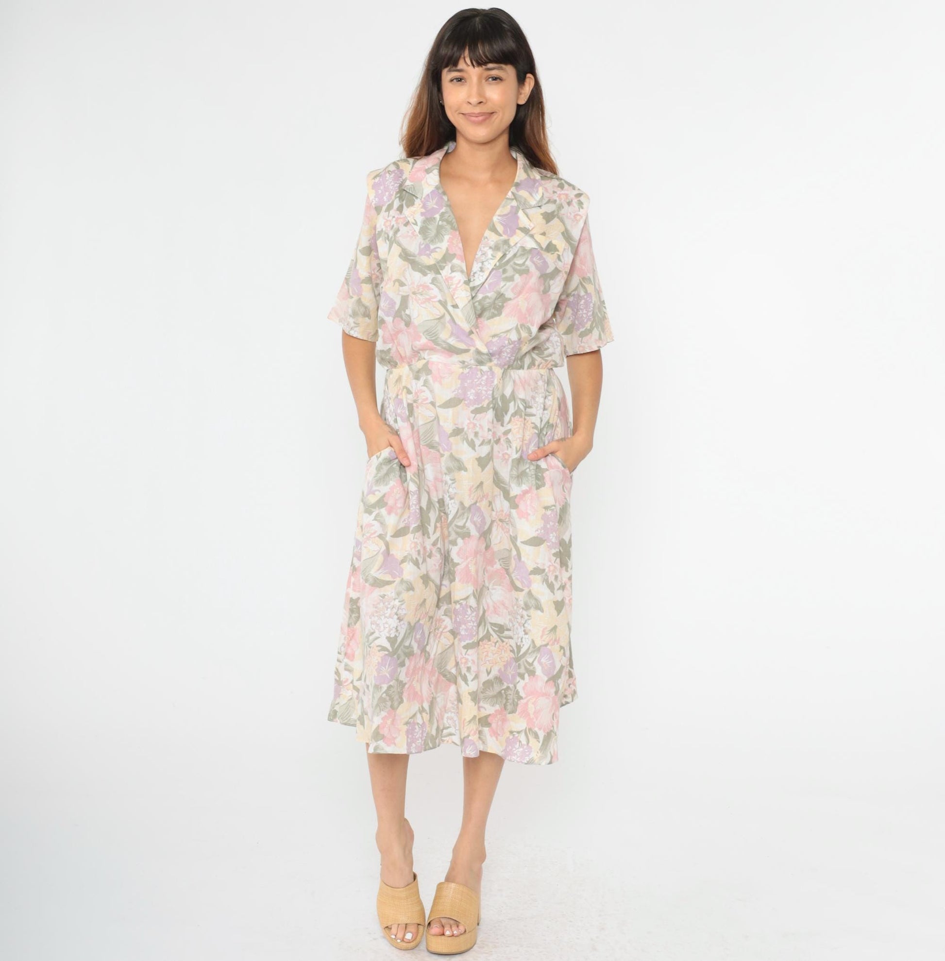 80s Floral Midi Dress High Waisted V Neck Short Sleeve Faux Wrap Medium