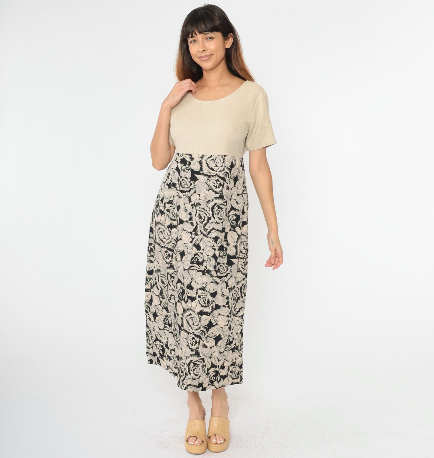 90s Floral Maxi Dress Beige Bodice High Waist Linen Rayon Large L
