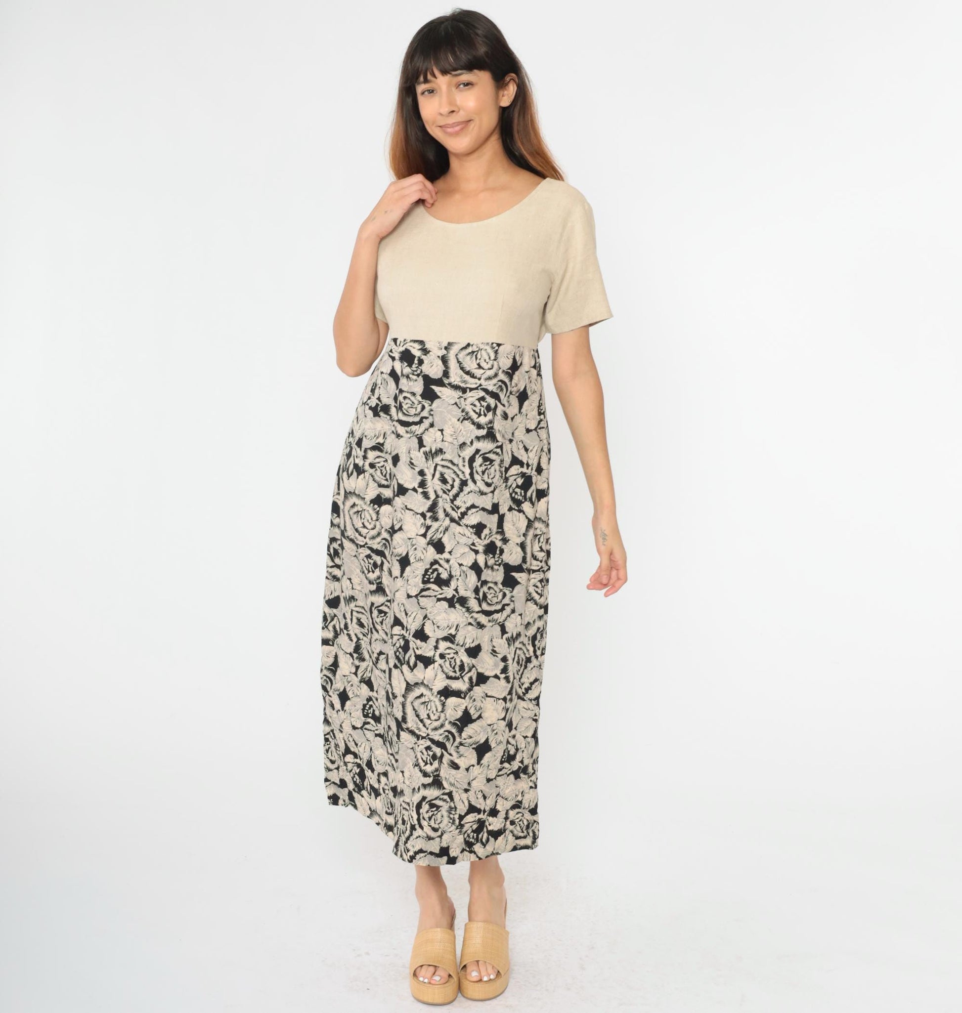 90s Floral Maxi Dress Beige Bodice High Waist Linen Rayon Large L