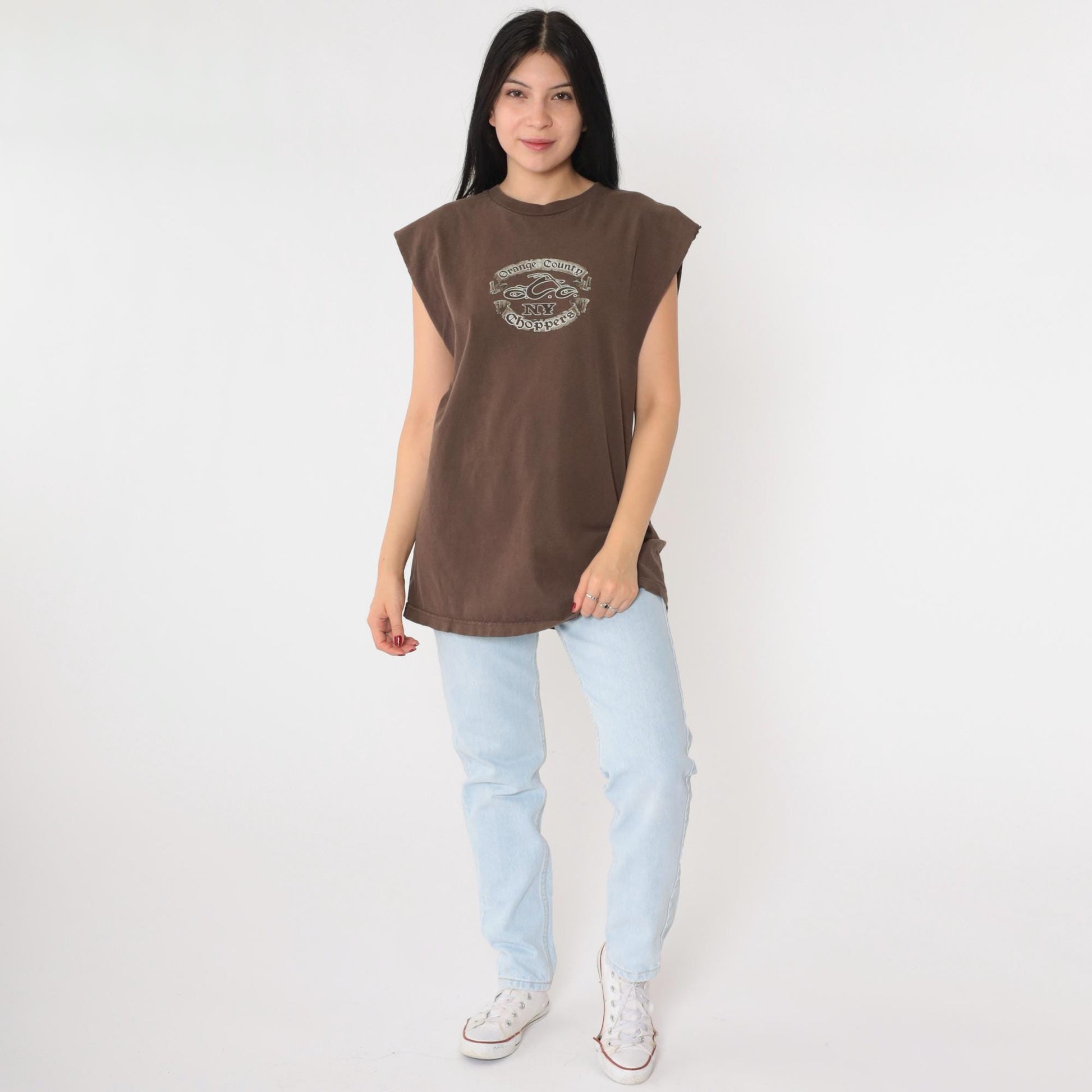 Y2K Orange County Choppers Bulldog Graphic Tank Top Brown Cotton Medium