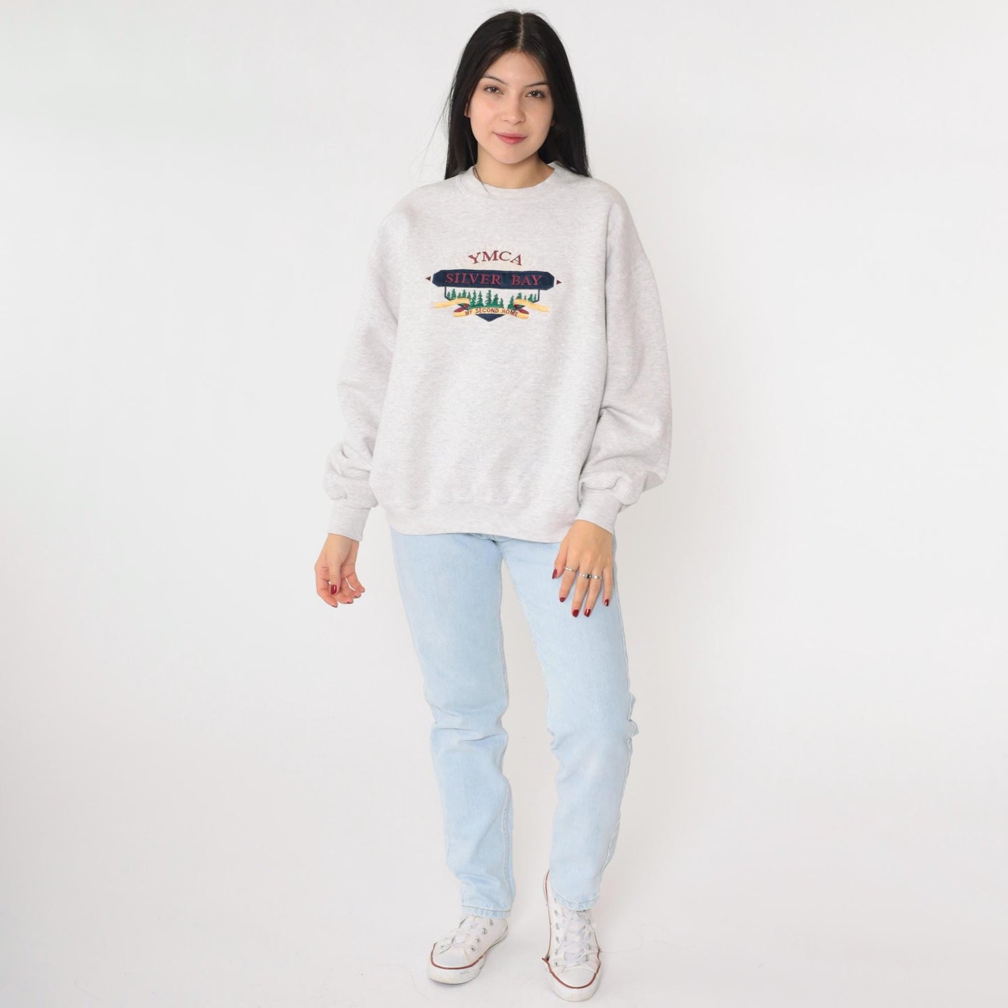 90s YMCA Silver Bay Lake George Embroidered Sweatshirt Heather Grey Large