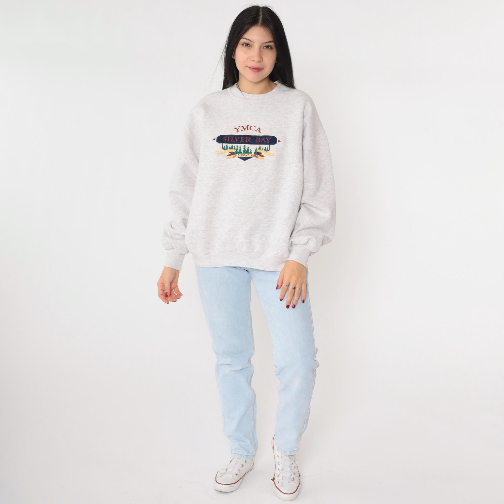90s YMCA Silver Bay Lake George Embroidered Sweatshirt Heather Grey Large