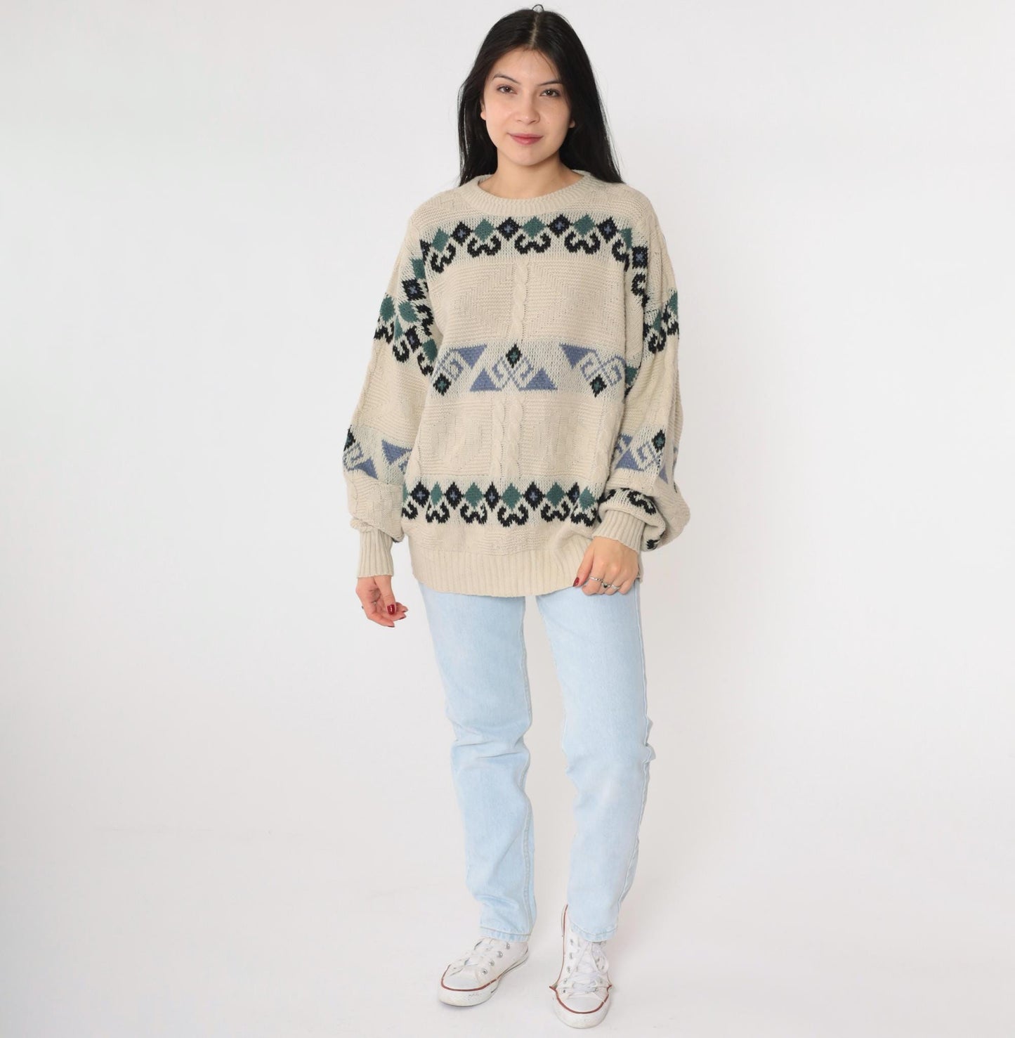 90s Beige Geometric Cable Knit Crewneck Sweater Jacquard Pullover Large L