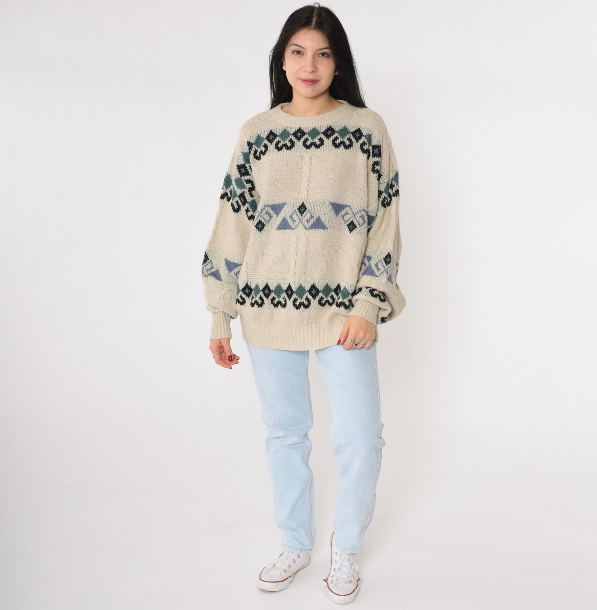 90s Beige Geometric Cable Knit Crewneck Sweater Jacquard Pullover Large L