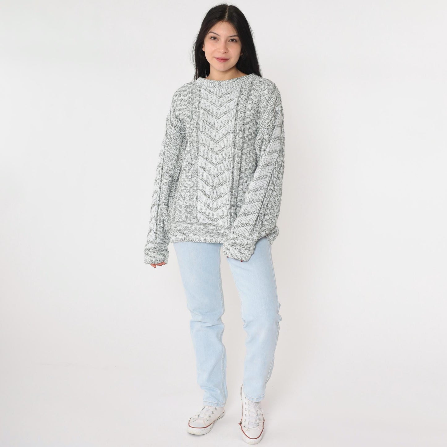 90s Grey Chevron Knit Pullover Sweater White Geometric Crewneck Small