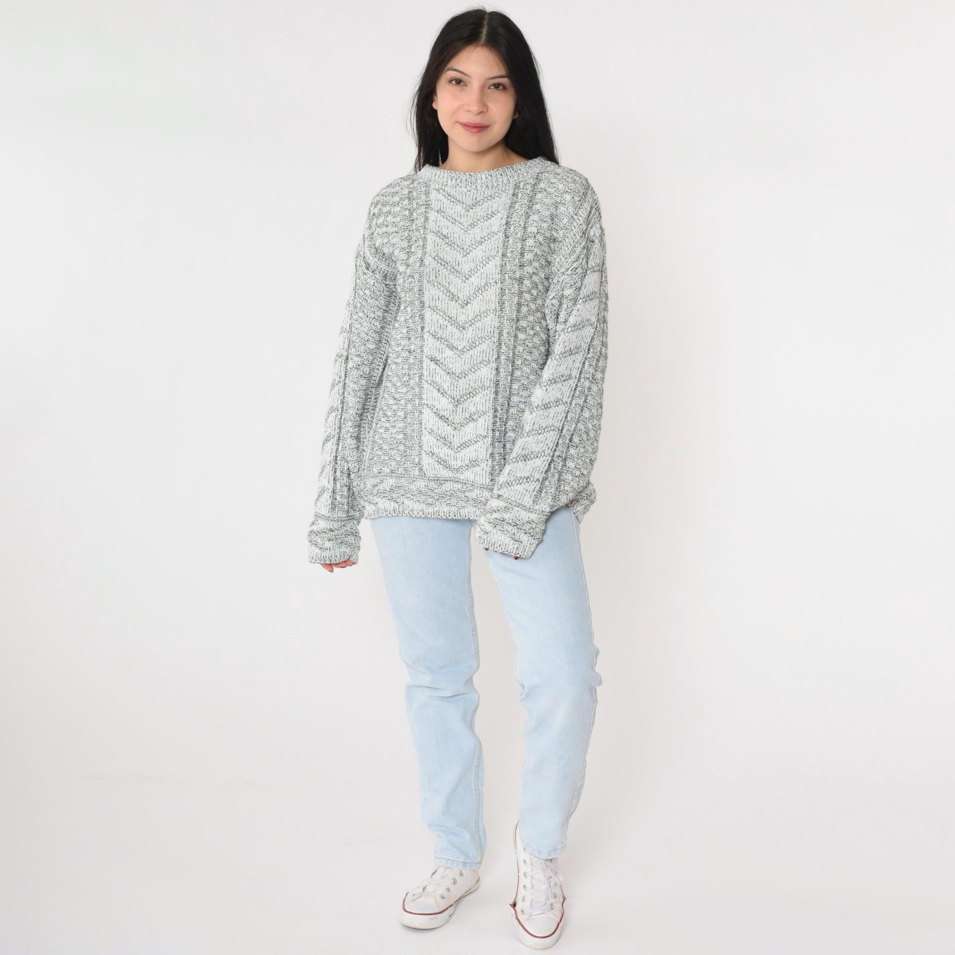 90s Grey Chevron Knit Pullover Sweater White Geometric Crewneck Small