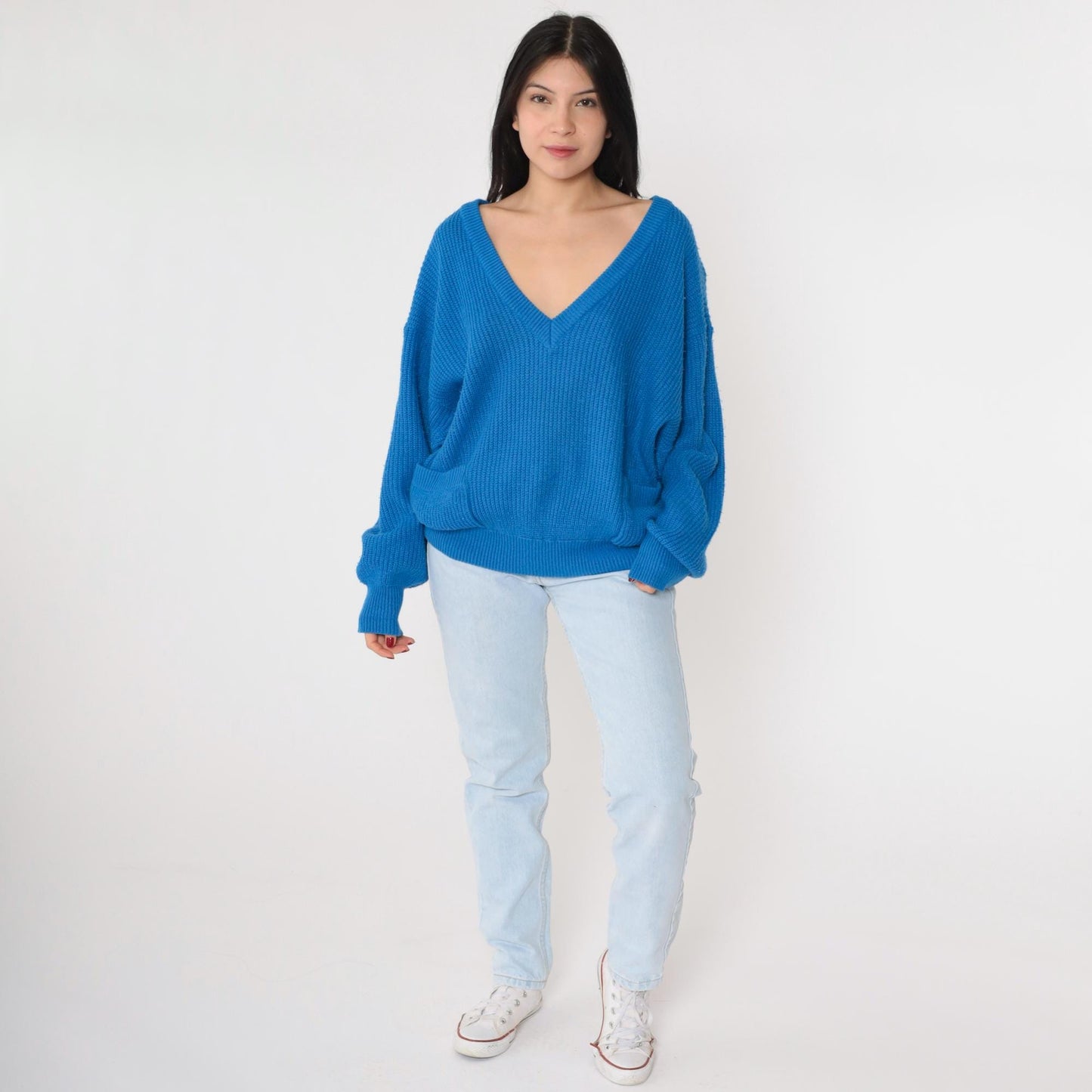 80s Buggi Electric Blue V-Neck Ribbed Knit Sweater Pockets Large
