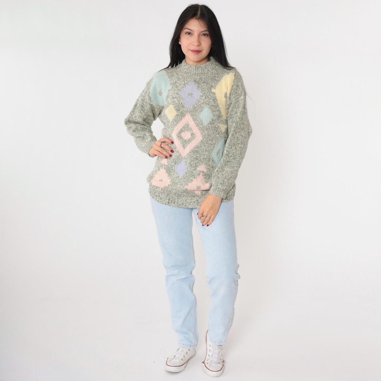 80s Geometric Mock Neck Sweater Grey Pink Lavender Diamond Knit Medium