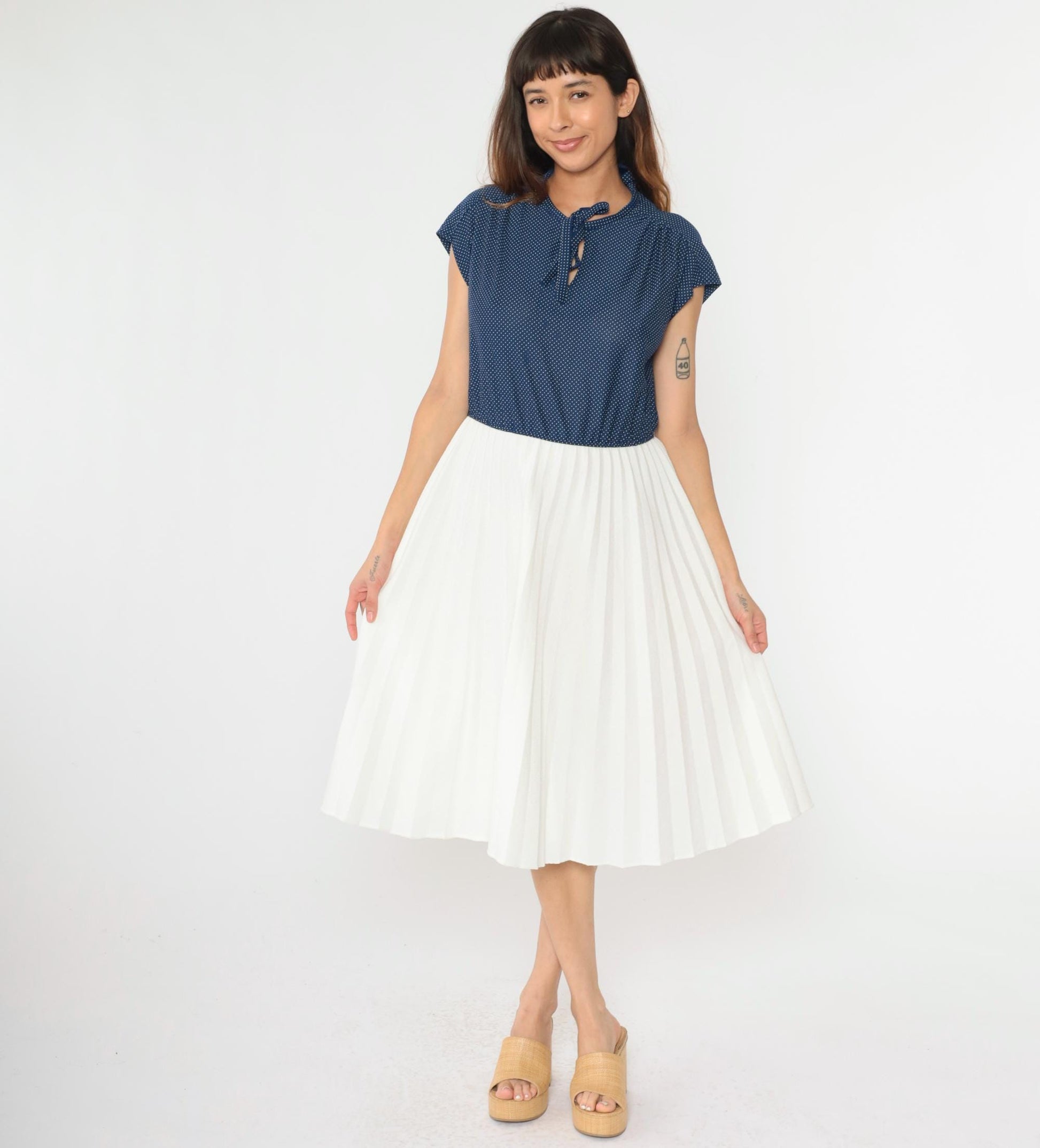 70s Polka Dot Midi Dress Blue White Keyhole Tie Neck High Waisted Medium