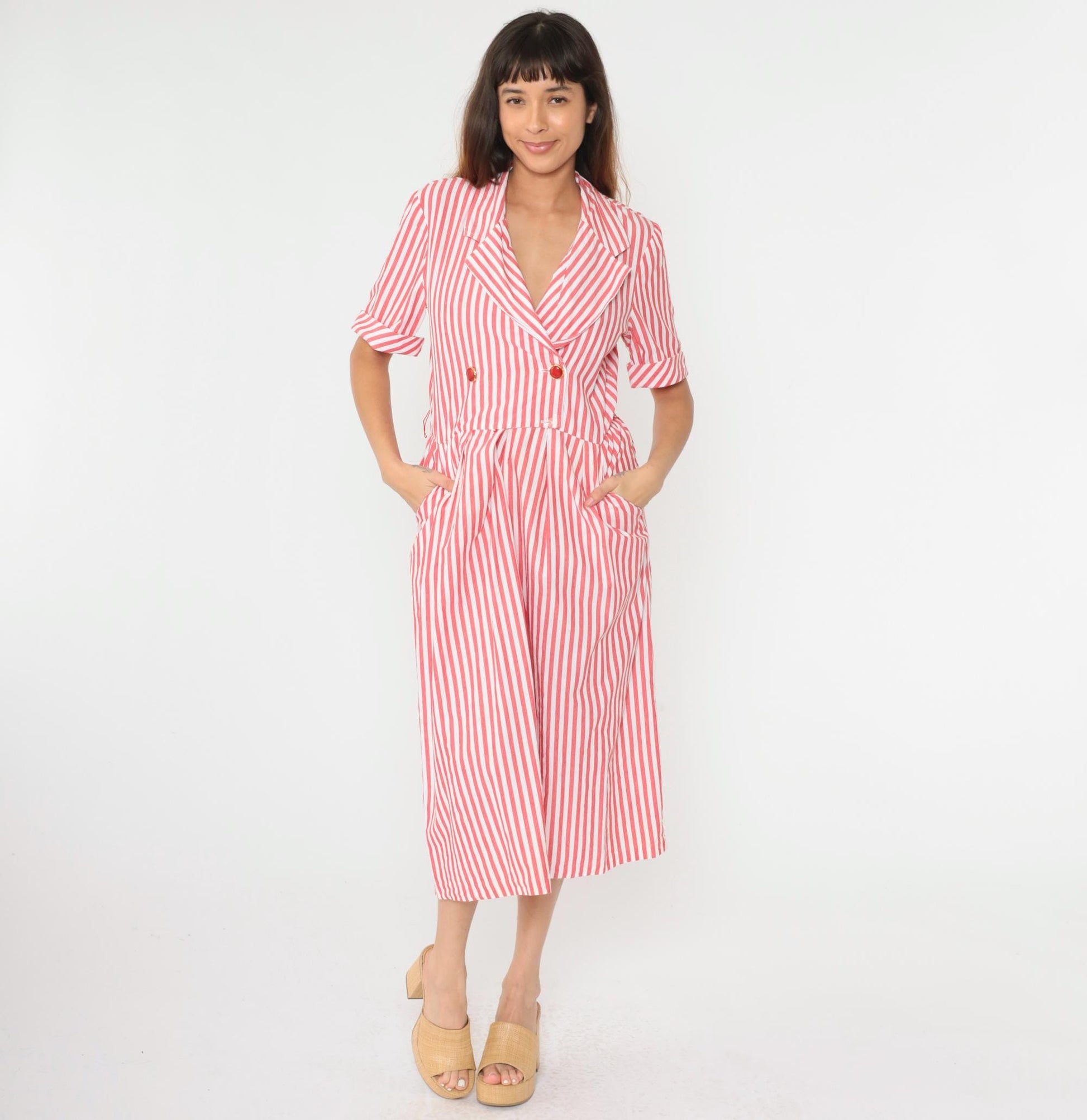 90s Red White Striped Cotton Midi Shirtdress Double Breasted High Waist Small Medium