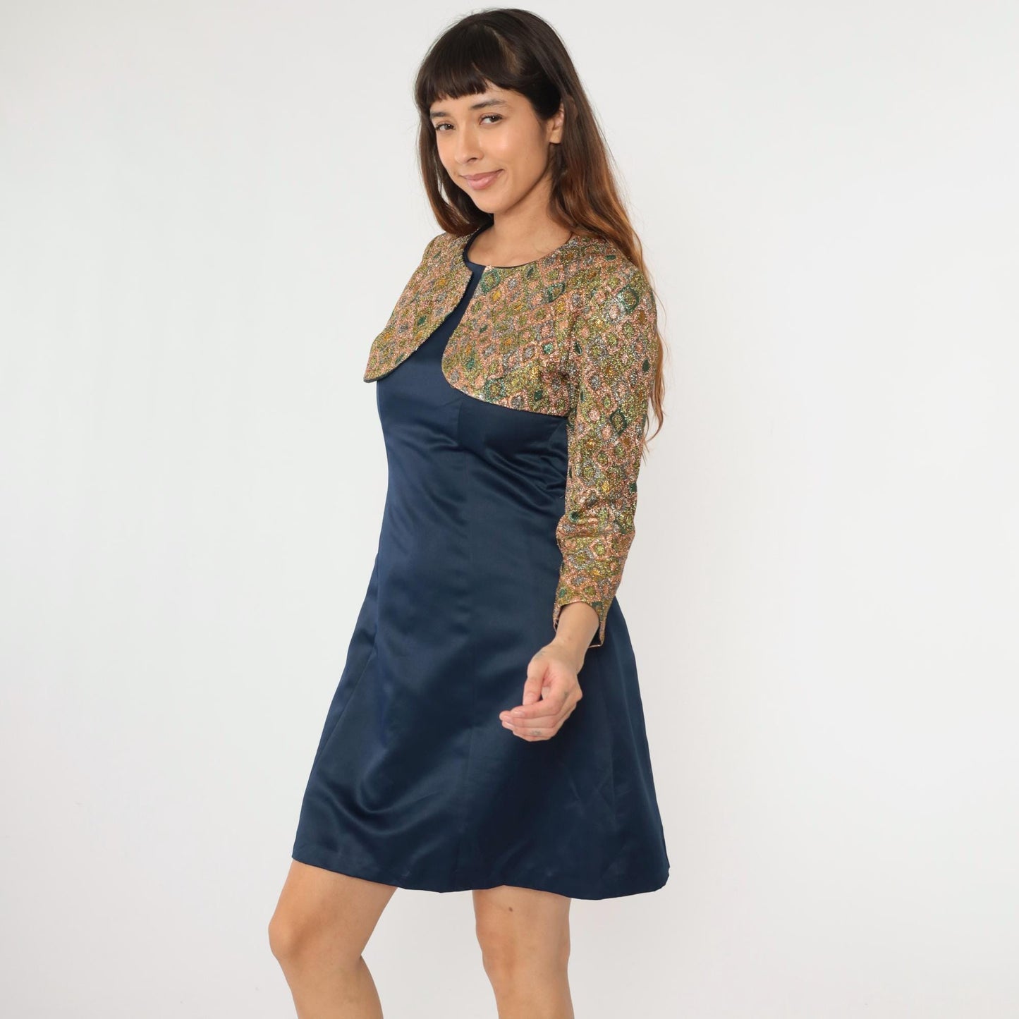 70s Metallic Geometric Bolero Jacket Dress Navy Gold Sheath Small