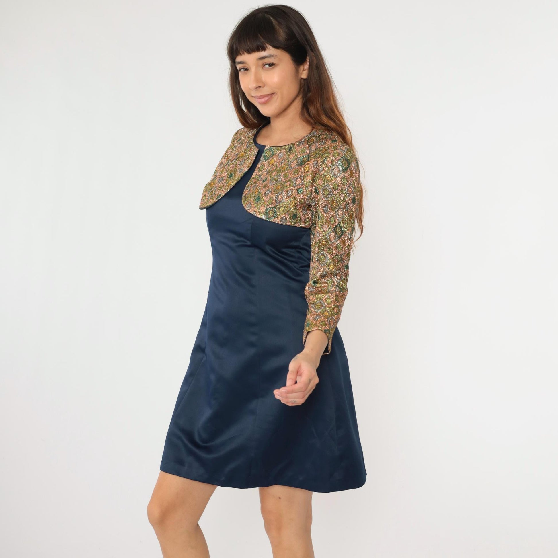 70s Metallic Geometric Bolero Jacket Dress Navy Gold Sheath Small