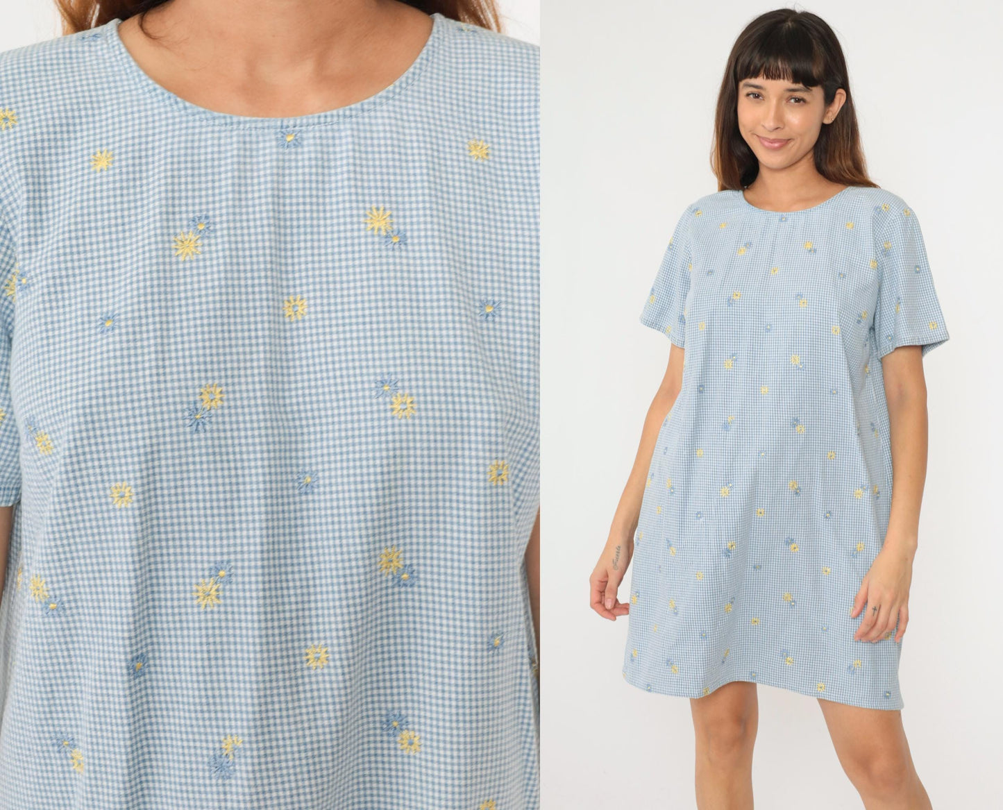 90s Blue Gingham Floral Embroidered Mini Shift Dress Cotton Large
