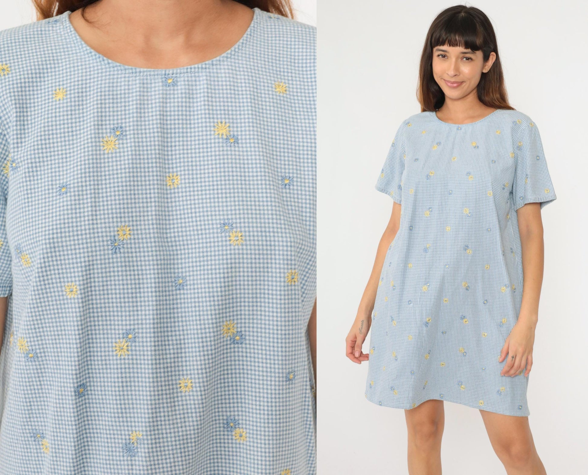 90s Blue Gingham Floral Embroidered Mini Shift Dress Cotton Large