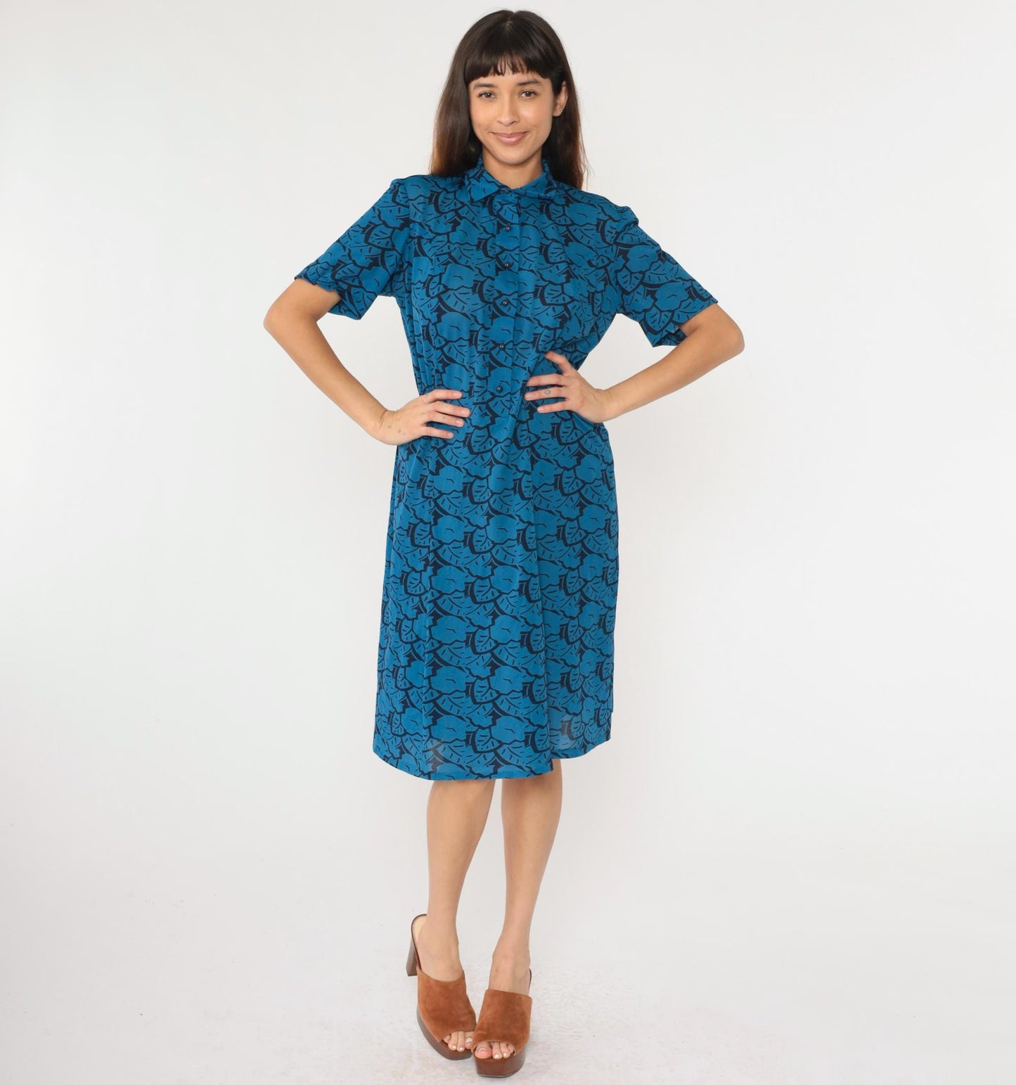 80s Abstract Floral Midi Shirtdress Button-Up Short Sleeve Black Blue Medium Large