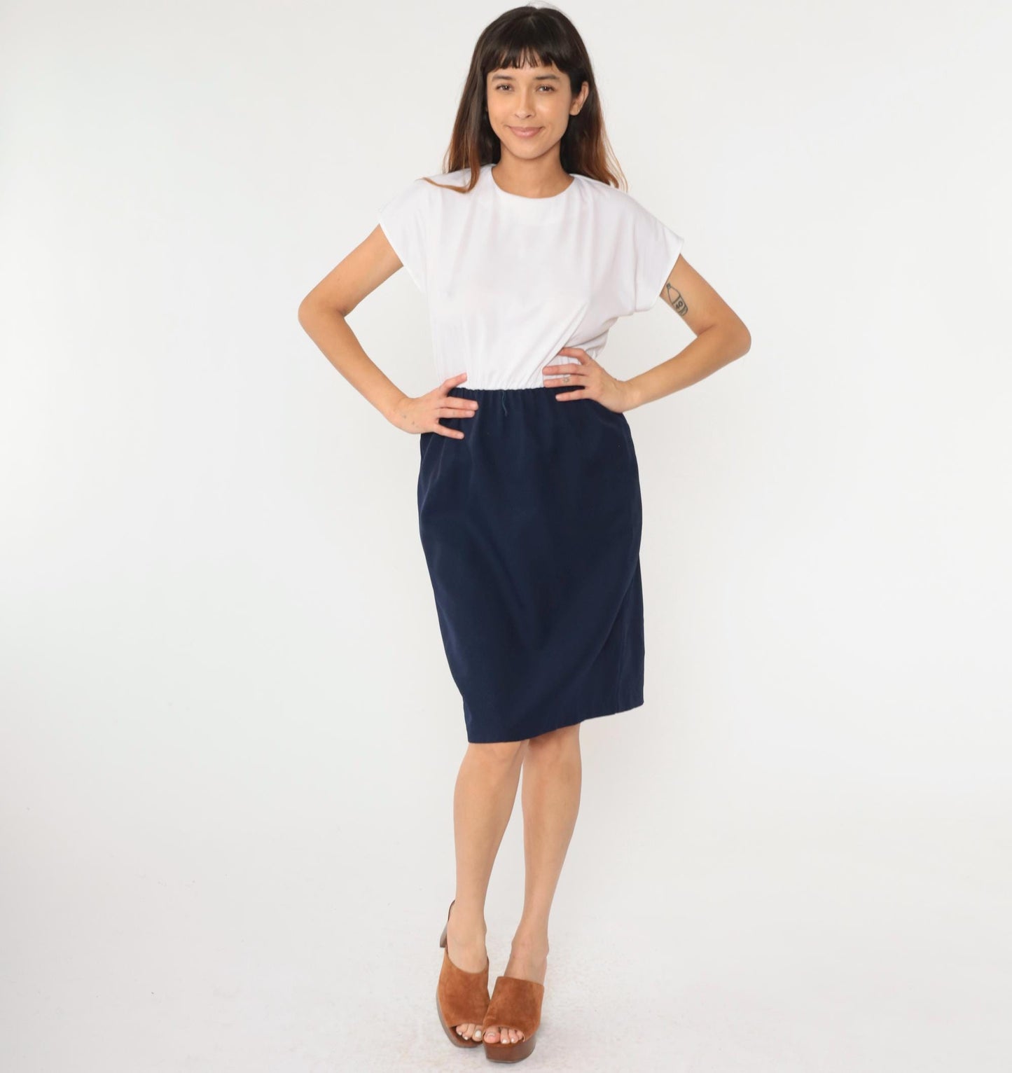 70s Color Block Midi Dress White Navy Cap Sleeve High Waist Medium Petite